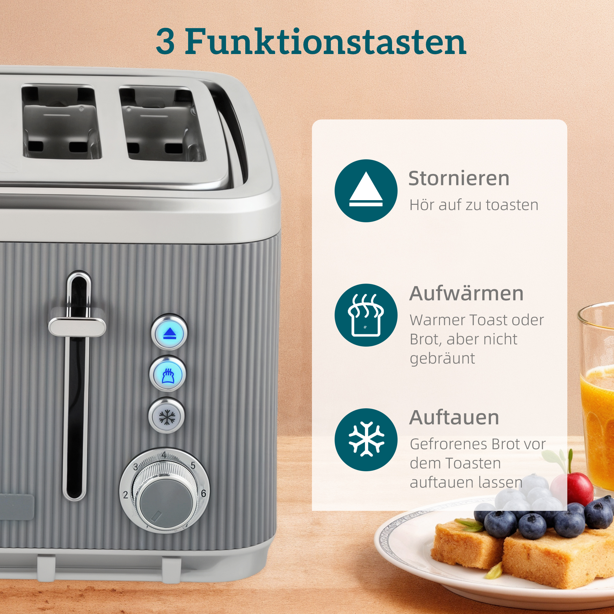 2200W, 1,7L Wasserkocher mit Schnellkochfunktion, Kalkfilter und 4-Scheiben-Toaster mit 7 Bräunungsstufen, Grau
