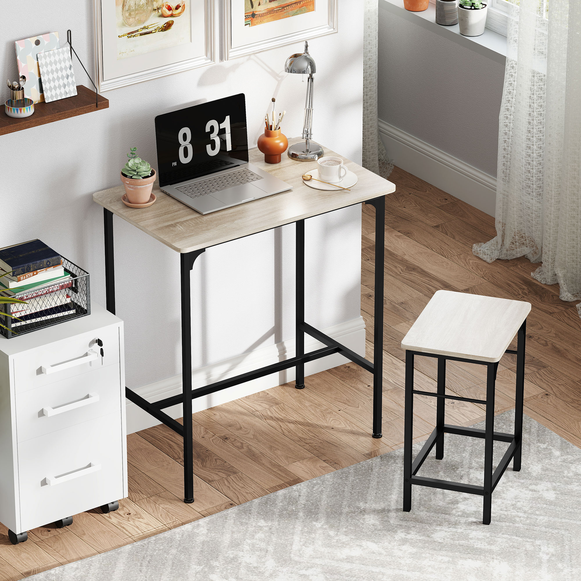 Bartisch Set Bartisch mit Barhocker-Set Esstisch mit 2 Stühlen mit Rutschfestem Fußpolster Naturholz