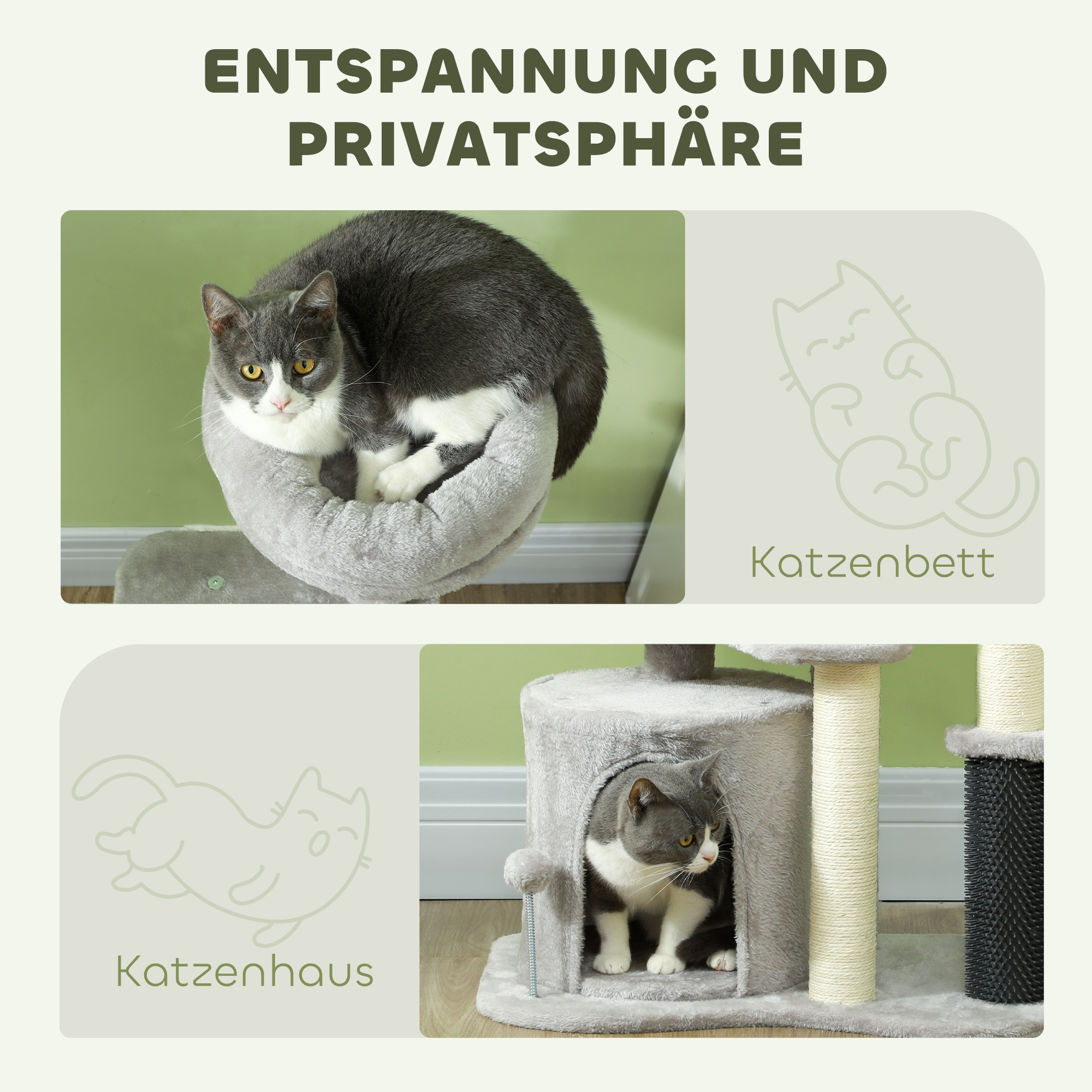 Katzen-Spielzentrum mit Kratzbaum, Bett, Spielbällen, Plüsch, 60 x 39 x 87 cm, Hellgrau/Creme