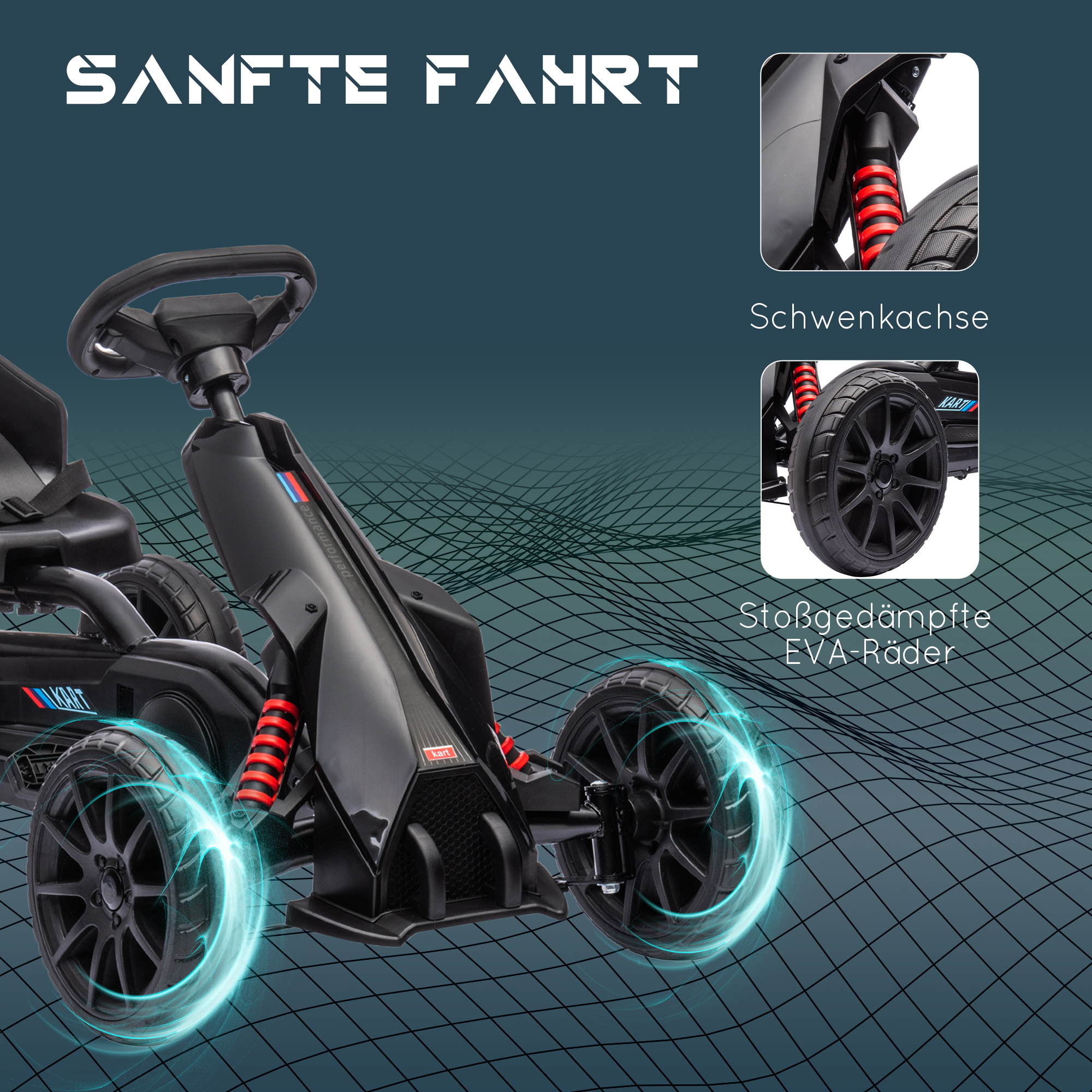 Go-Kart, Kinderfahrzeug mit verstellbarem Sitz, Tretfahrzeug, Tretauto mit Handbremse, 3-8 Jahre, Outdoor, Schwarz