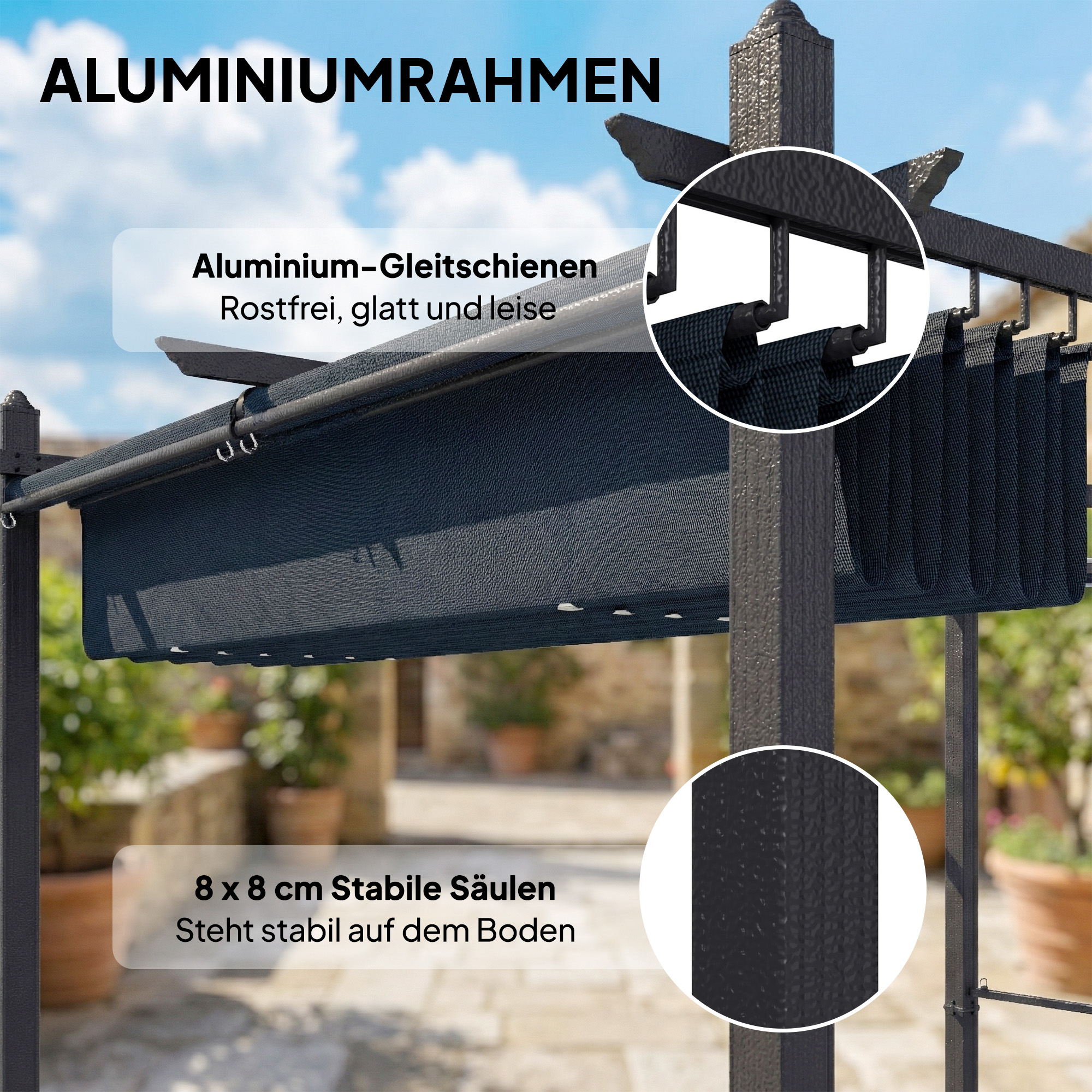 Pergola 3 x 4 m Terrassenüberdachung mit Schiebedach, automatisch einziehbaren Rollos, UV50+ Aluminiumrahmen