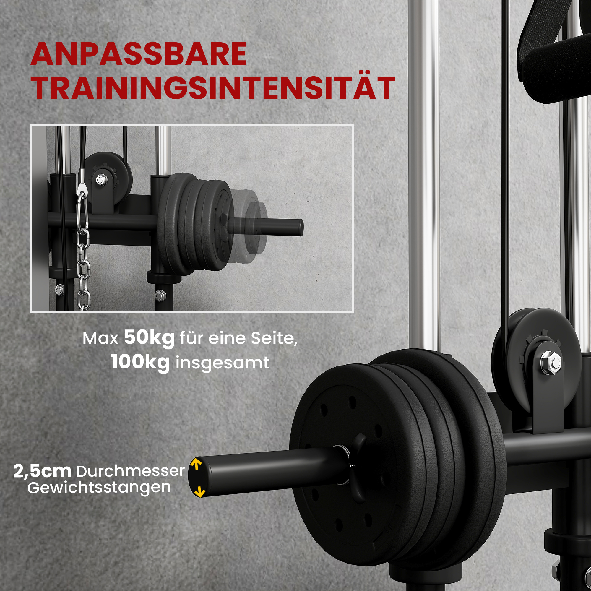 Kraftstation höhenverstellbar 25-165 cm mit Dual-Pulley-Systemen Adaptern 62 x 60 x 200 cm Schwarz