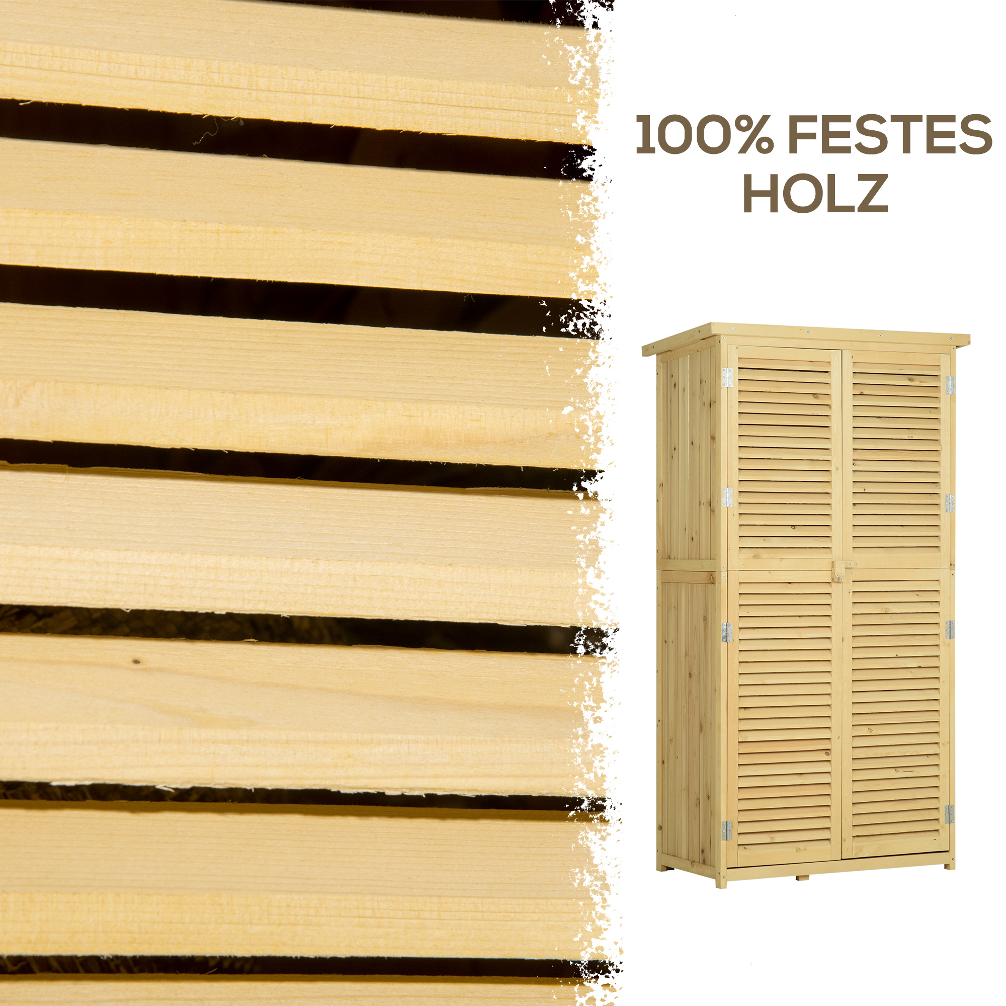 Gartenschrank Holz Geräteschuppen Gerätehaus mit Asphaltdach Lamellentür Geräteschrank Schuppen Garten 4 Fächer Naturholz 87 x 46,5 x 160 cm