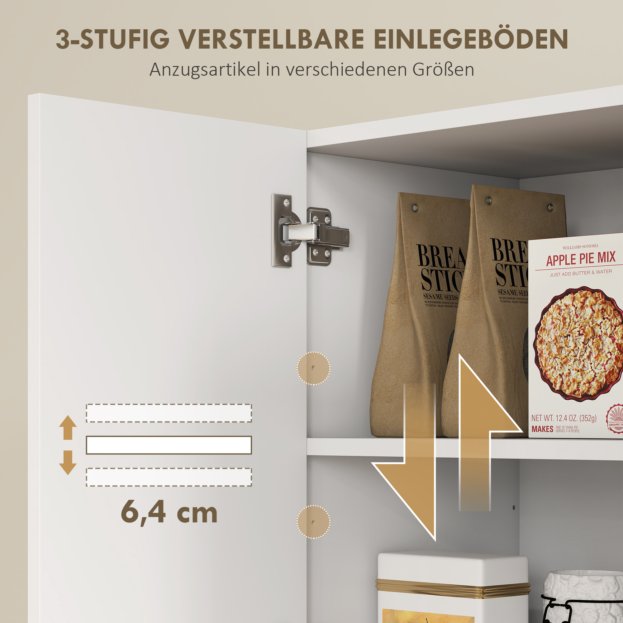 Küchenschrank mit offenen Regalen, Fächern, Weinregal, Vorratsschrank mit 5 Schranktüren, MDF, Weiß