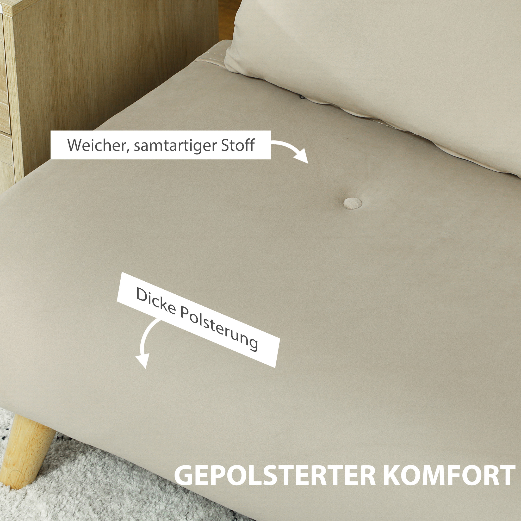 Schlafsofa Relaxsofa Sofa Couch, inkl, 2 Kissen, Samtoptik, 130 x 78 x 79 cm, Beige