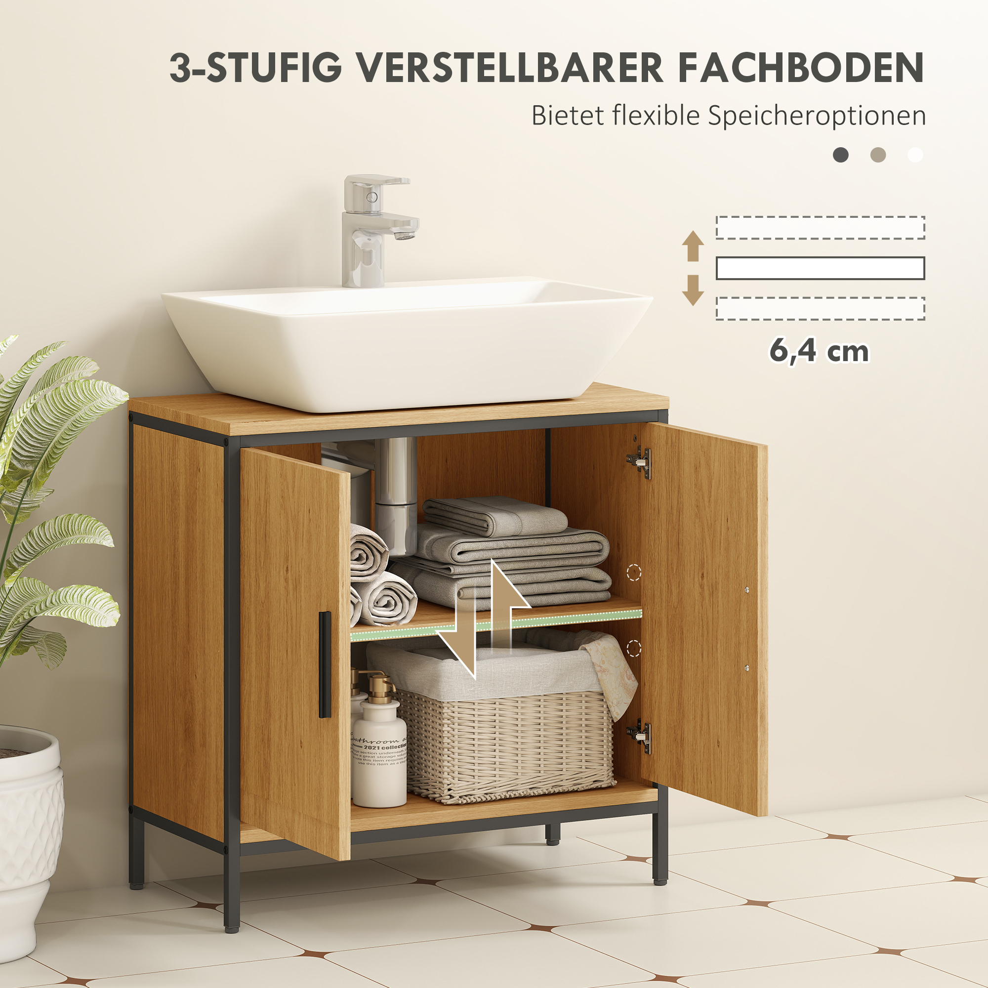 Waschbeckenunterschrank, Unterschrank mit 2 Türen, einstellbarem Regal, 60x30x60 cm Badezimmerschrank mit Stahlrahmen, für Waschbecken ohne Sockel, Eiche