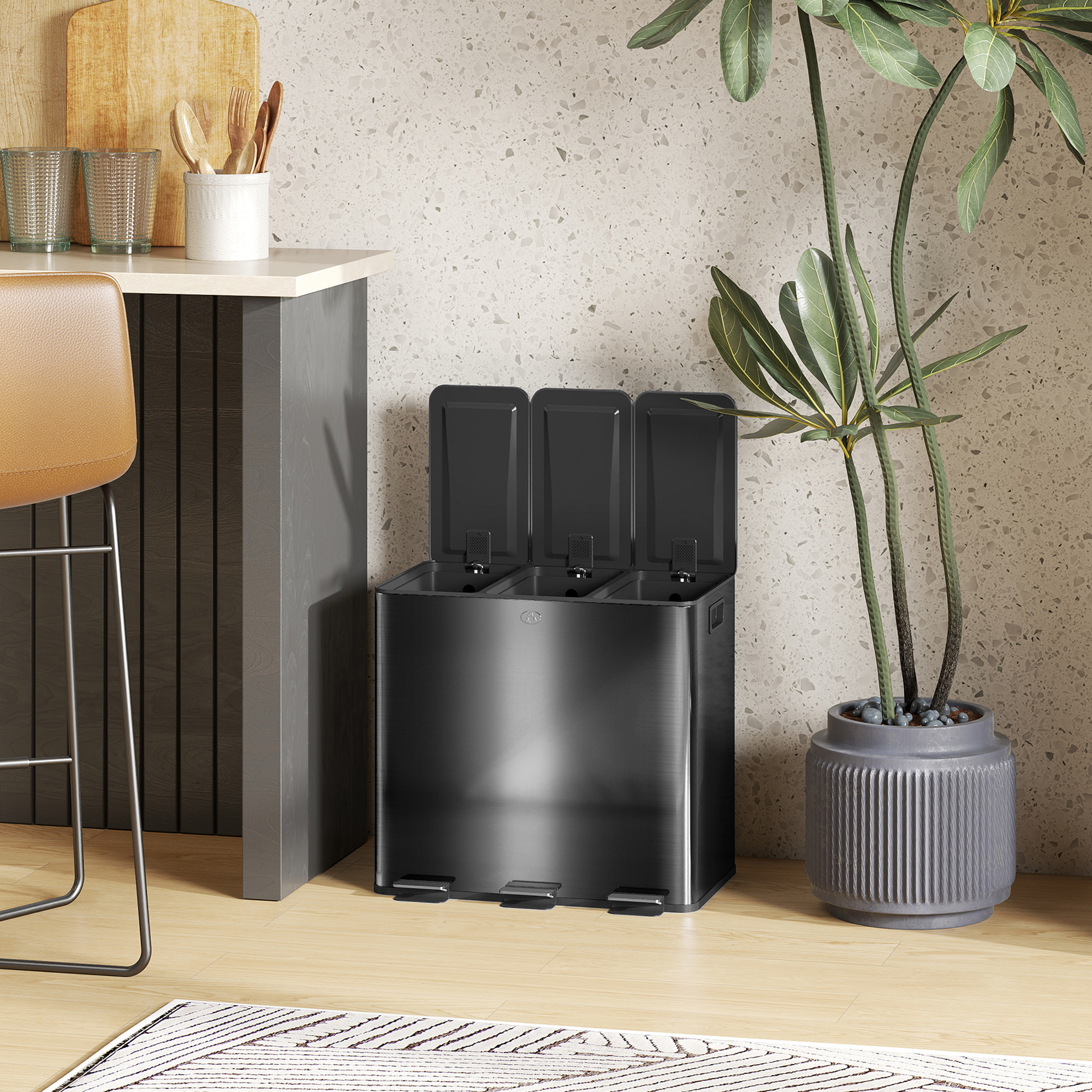 Mülleimer mit 3 x 20 L Fächern, Deodorant-Deckel, fingerabdrucksicher, Soft-Close, herausnehmbar, Schwarz