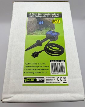 Gartensteckdose mit Erdspieß, 2-fach, IP44, 2m Kabel