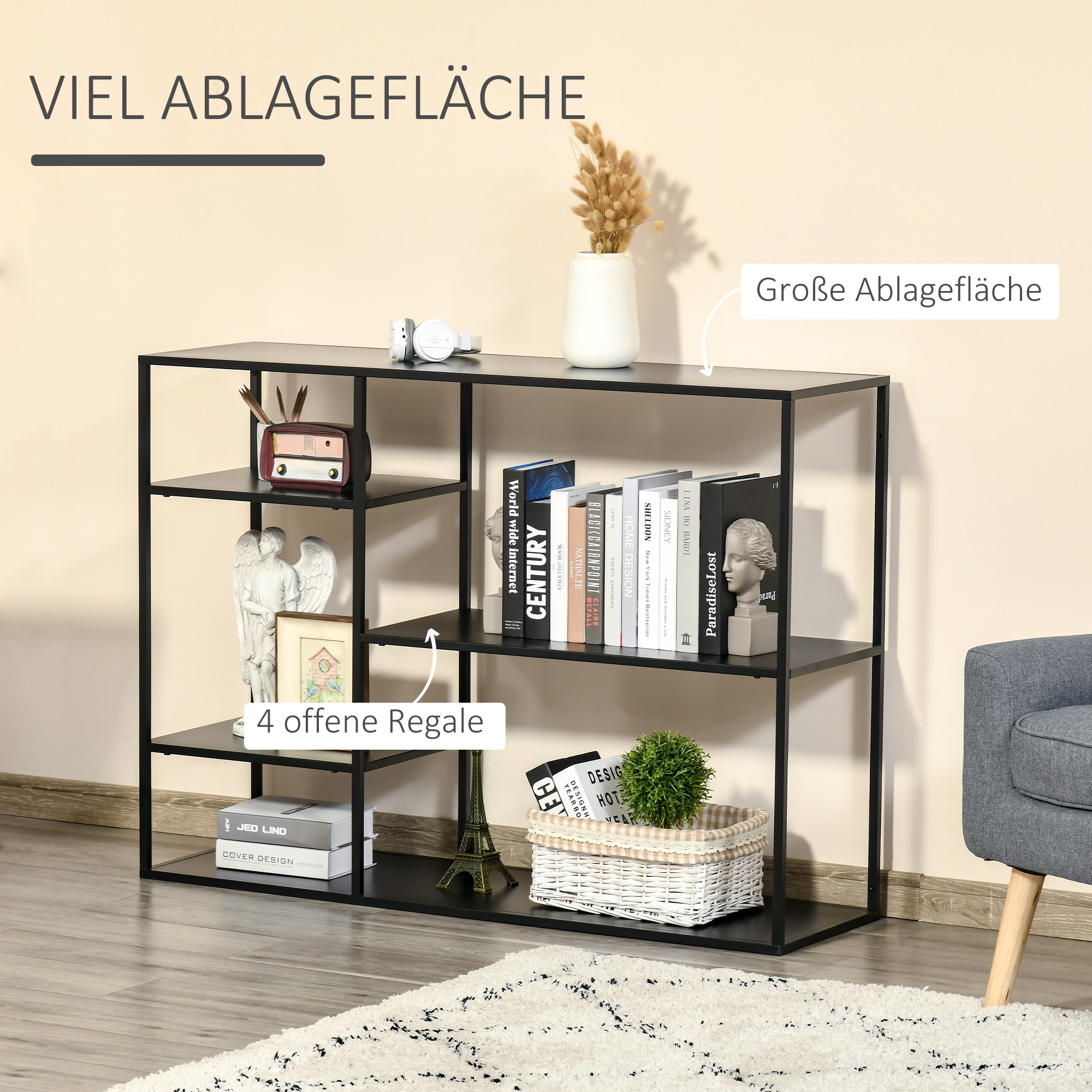 Standregal Bücherregal mit 5 offenen Fächern, Aufbewahrungsregal mit Metallrahmen, Würfelregal für Küche, Wohnzimmer, Schwarz, 120 x 35 x 87,5 cm