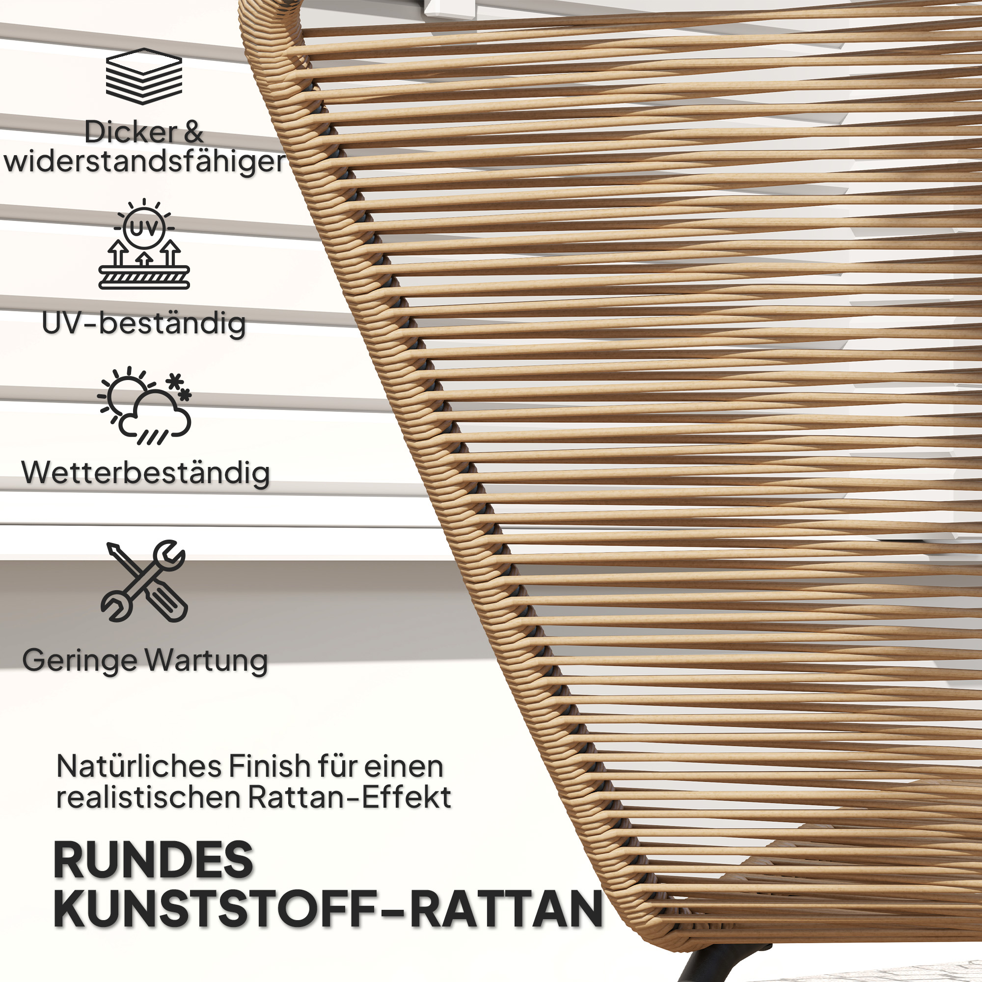 Rattan-Sonnenliege, S-förmiger Liegestuhl mit Rattangeflecht, Korbliege mit Stahlrahmen, Braun