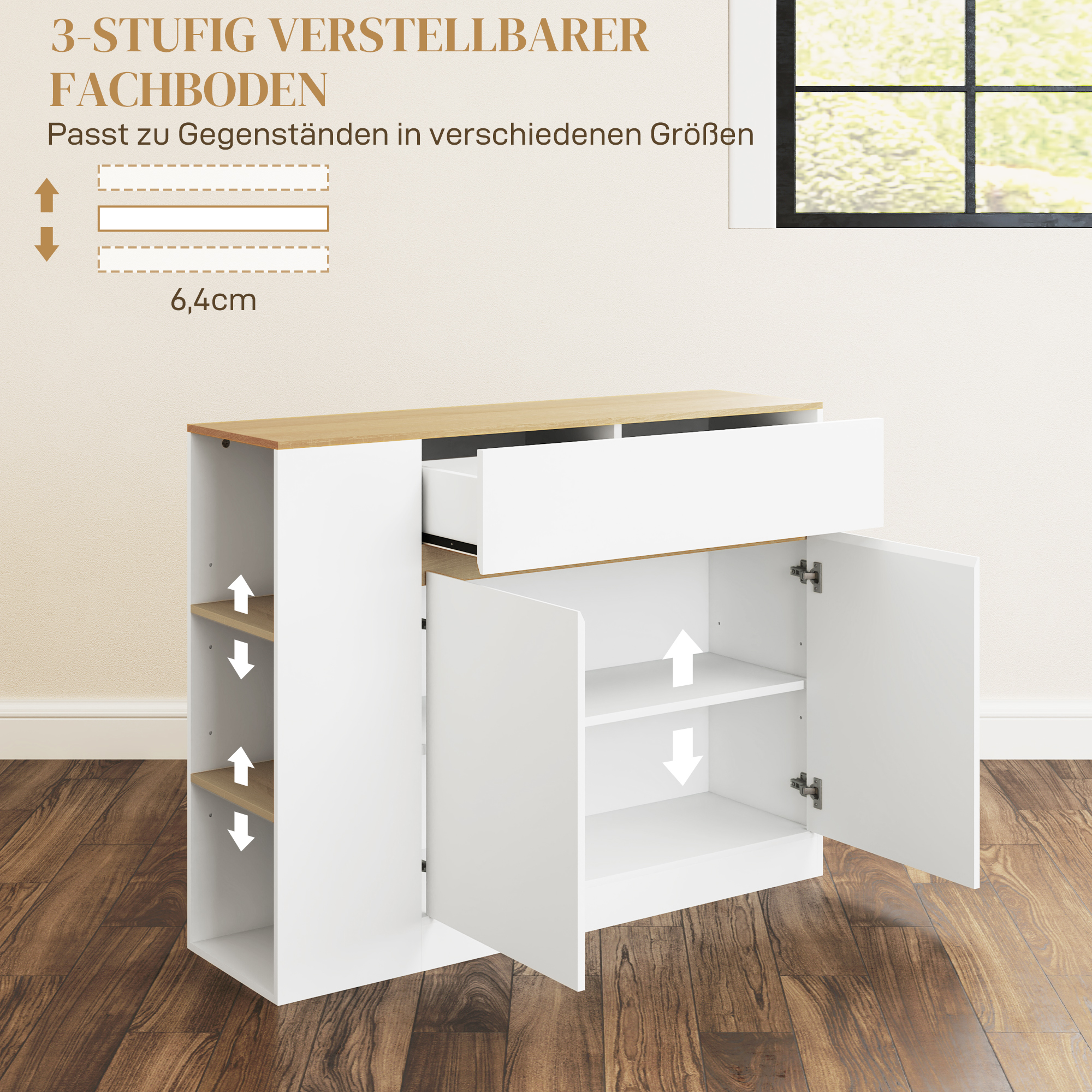 Sideboard, großes Schrankfach, 3 Ablagefächer, Schublade, 105 x 30 x 81,5cm, Weiß/Holz