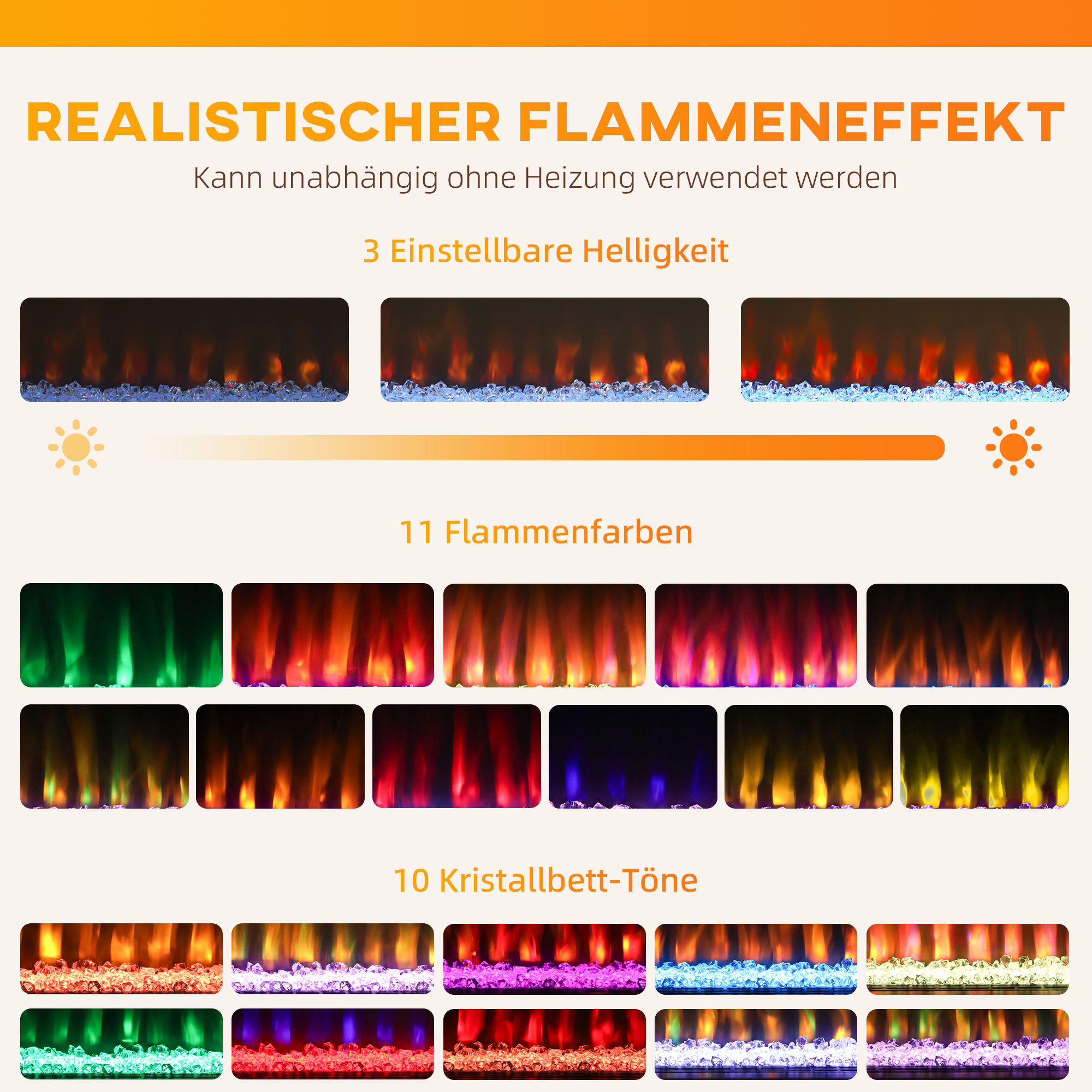 Elektro-Kamin mit 11 Flammenfarben, 10 Kristallbett-Farben, 1000W/2000W, Fernbedienung, vielseitig einsetzbar, Weiß
