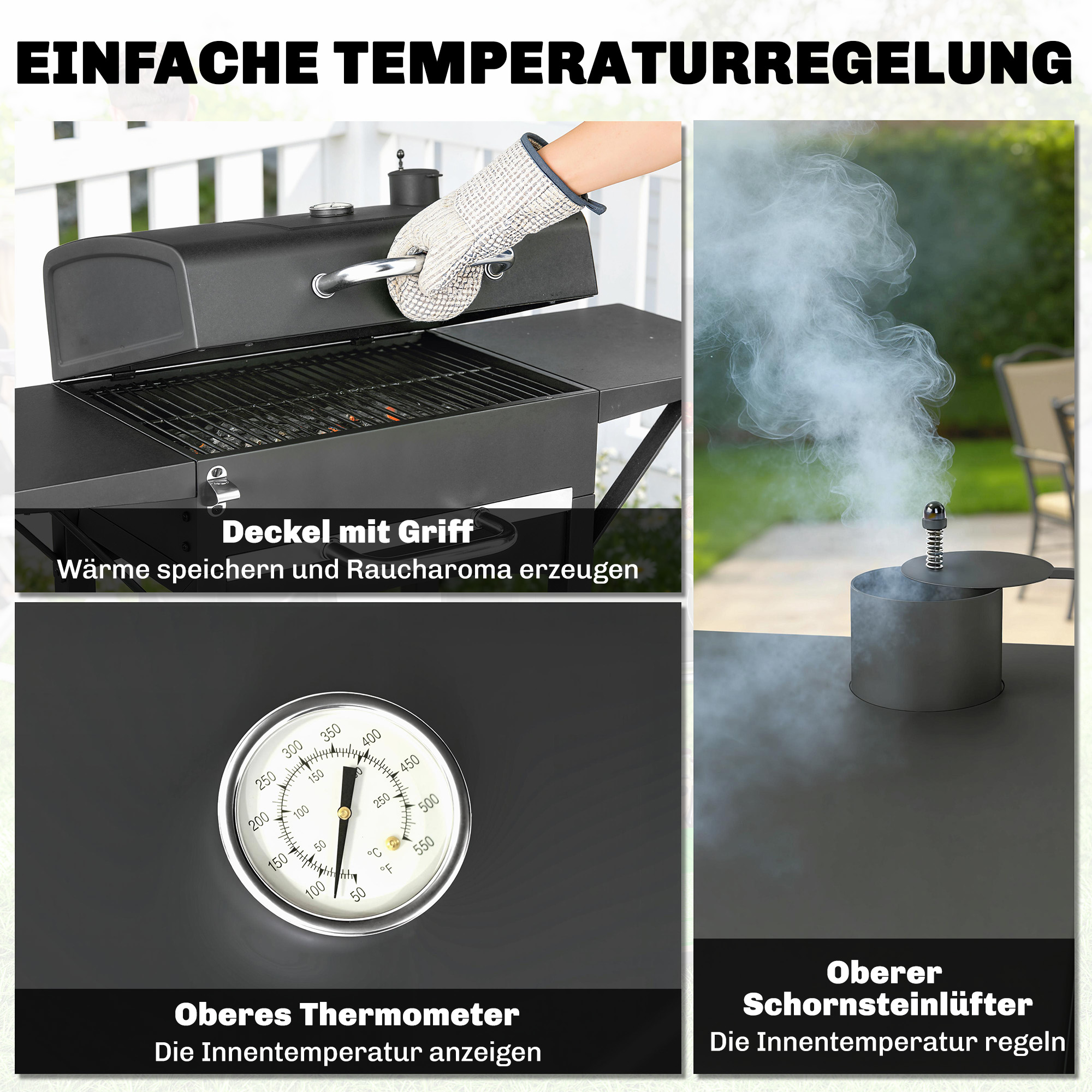 Holzkohlegrill mit Deckel, BBQ Smoker Grill mit 2 Seitentischen Große Grillfläche Grillrost Thermometer Räder