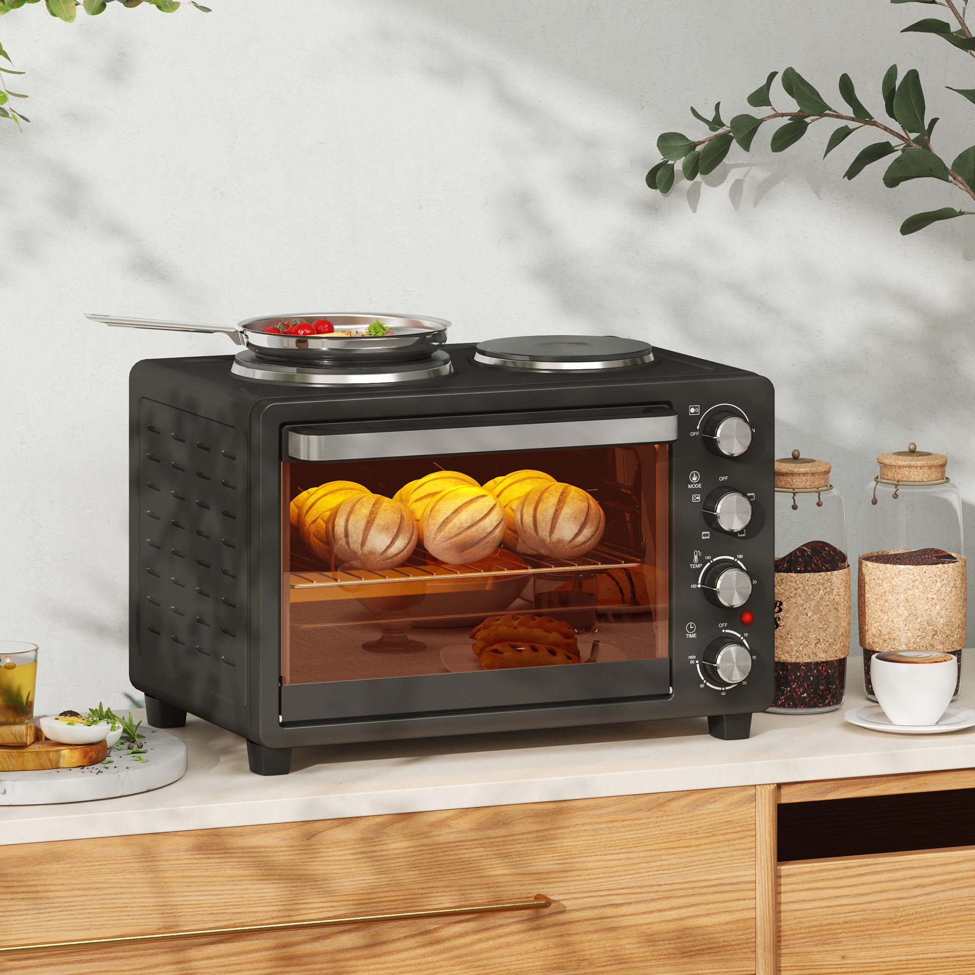 28 L Toasterofen, Kompakter Backofen zum Kochen und Grillen, Elektro-Ofen mit Backblech, Grillrost, 2600W, Schwarz