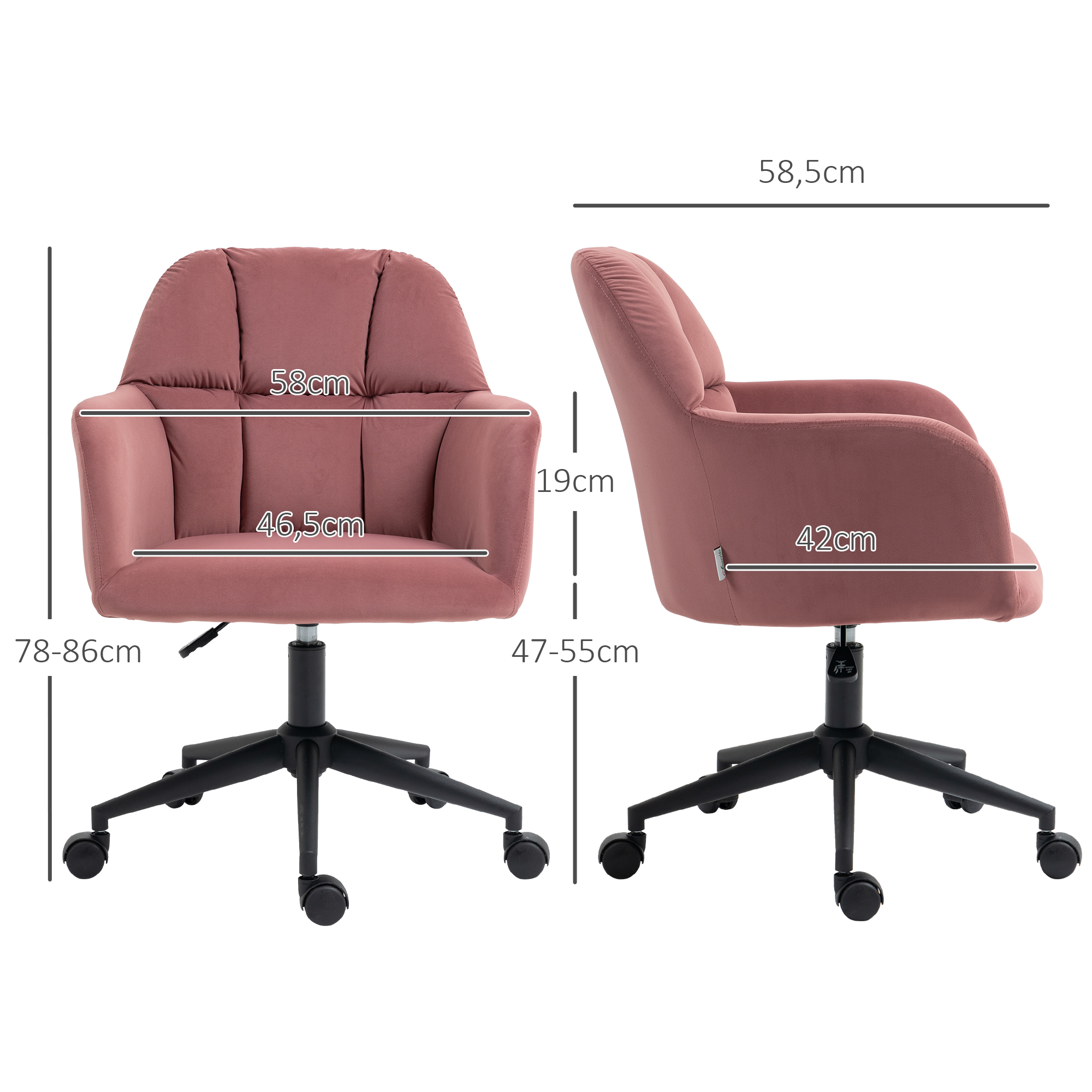 Bürostuhl, ergonomisch, höhenverstellbar, drehbar, Samtoptik, bis 120 kg, Rosa