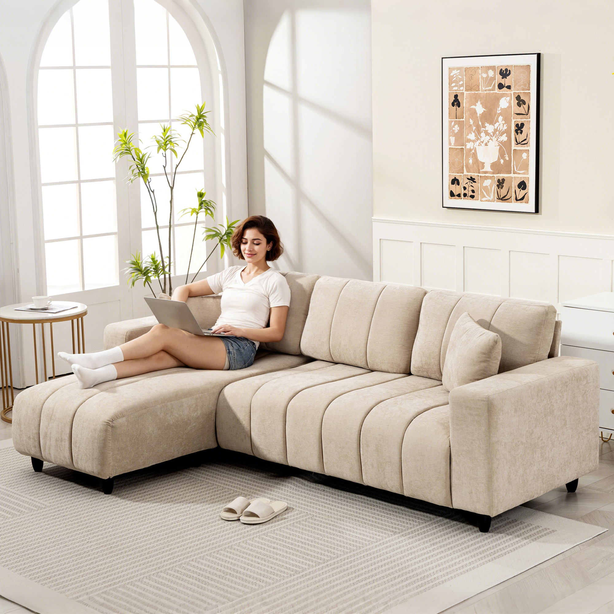 L-förmiges Ecksofa mit flexibler Chaiselongue, 3-Sitzer-Couch mit 2 Kissen, Metallrahmen, für Wohnzimmer, Beige
