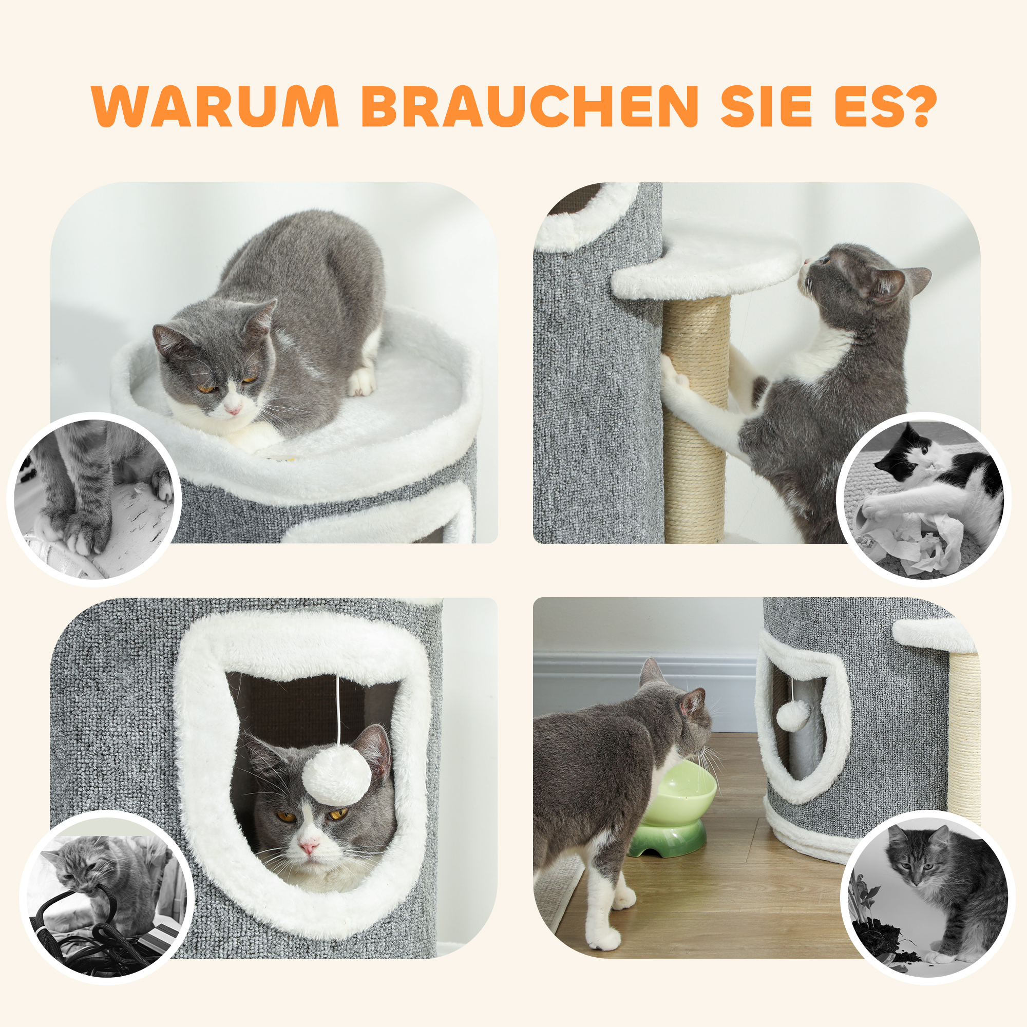 101 cm Katzenturm, 3 Ebenen, 3 Schlafhöhlen, Spielbälle, Kratzpfosten, Sisal, Spanplatte, Grau
