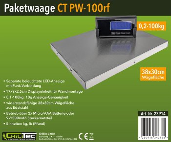 Paketwaage / Versandwaage "CT PW-100rf", 0,1-100kg, ±10g,38x30cm Edelstahl Platte