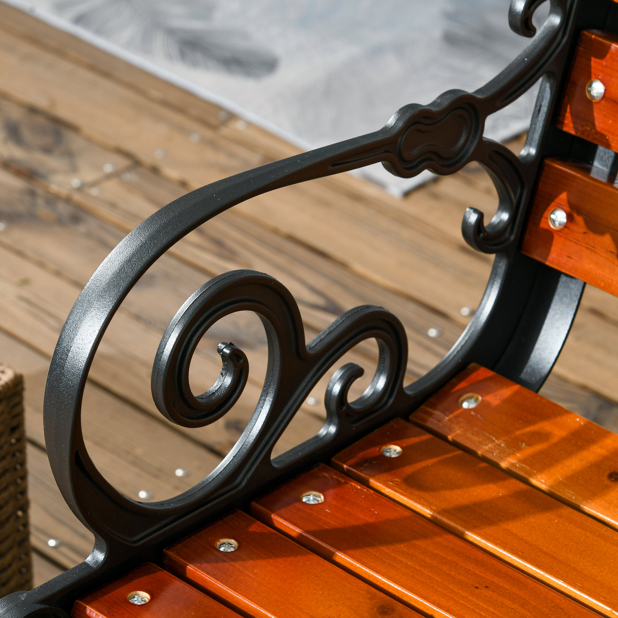 Sitzbank für 2 Personen, dekorative Armlehnen, für Garten & Terrasse, Gussaluminium+Naturholz, 120 x 64 x 79 cm, Teak