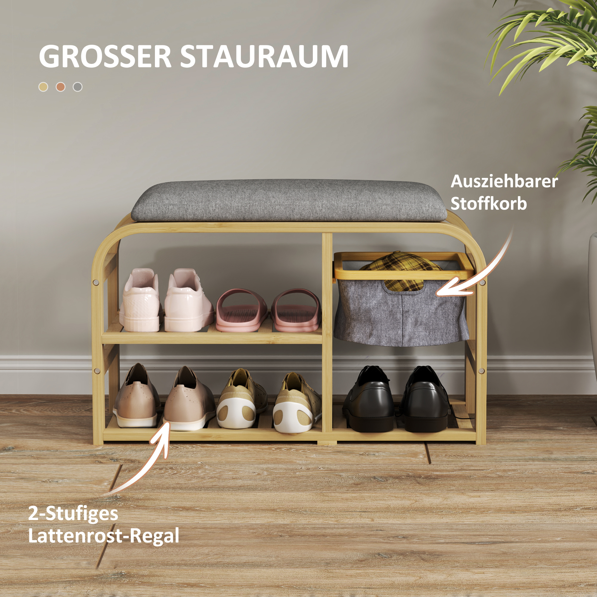 Schuhbank mit Regalen, Schuhaufbewahrungsbank, Bambus, Polstersitz, Grau
