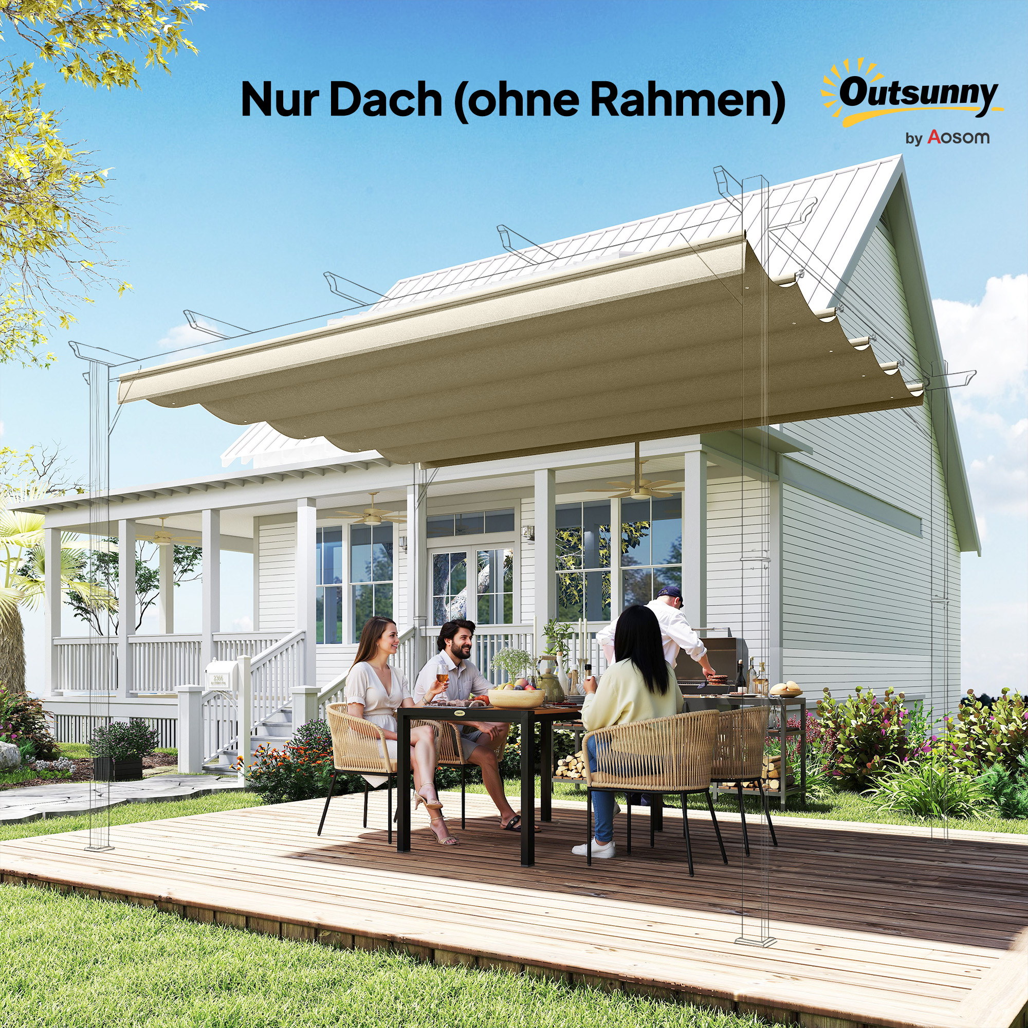 Ersatzdach für 4 x 3 m Pergola, einziehbar, mit Regenabflusslöchern, wetterfest, Polyester, Beige