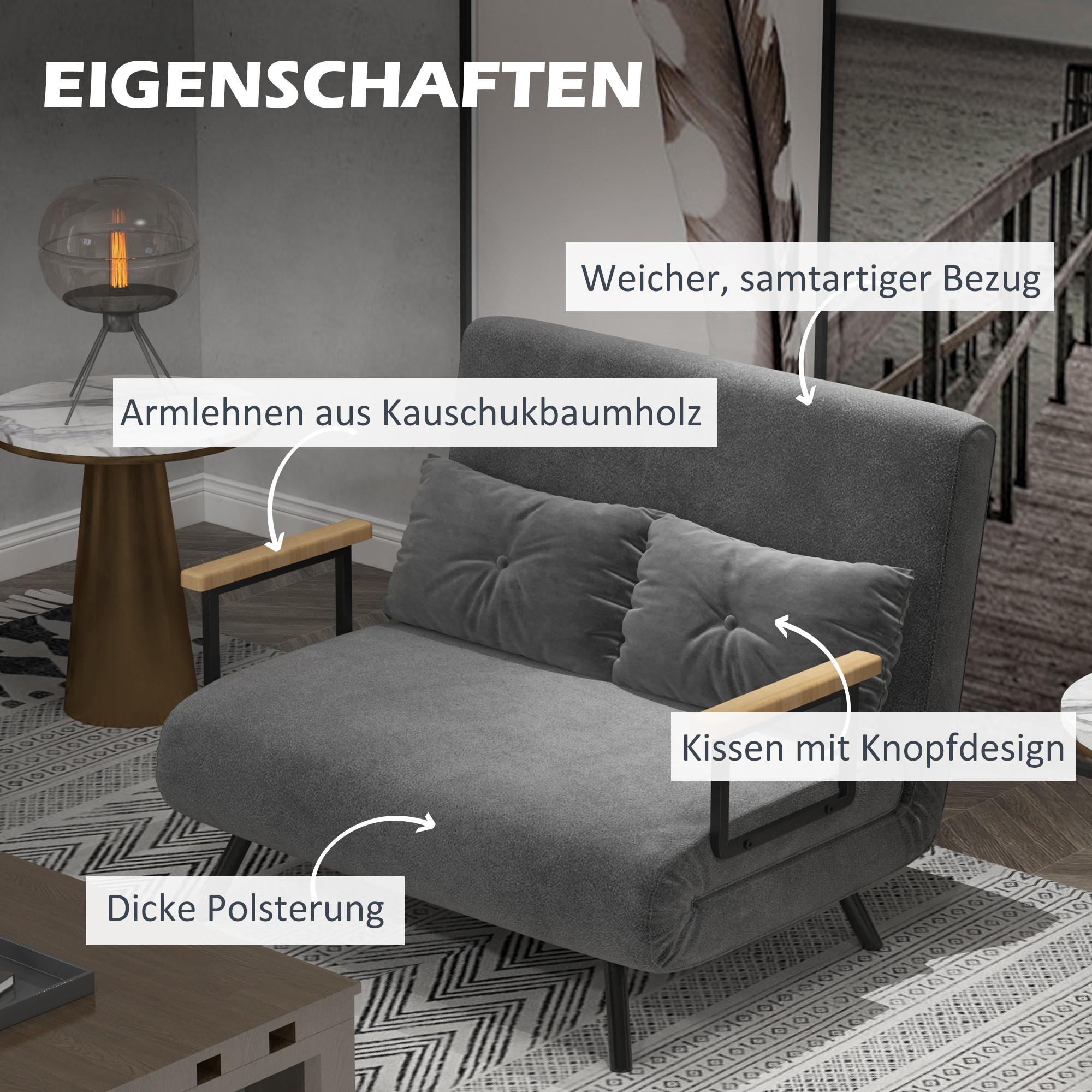 Schlafsofa 2er-Sofa Samtsofa, Schlaffunktion, inkl. 2 Kissen, Samtoptik, Natur + Dunkelgrau + Schwarz