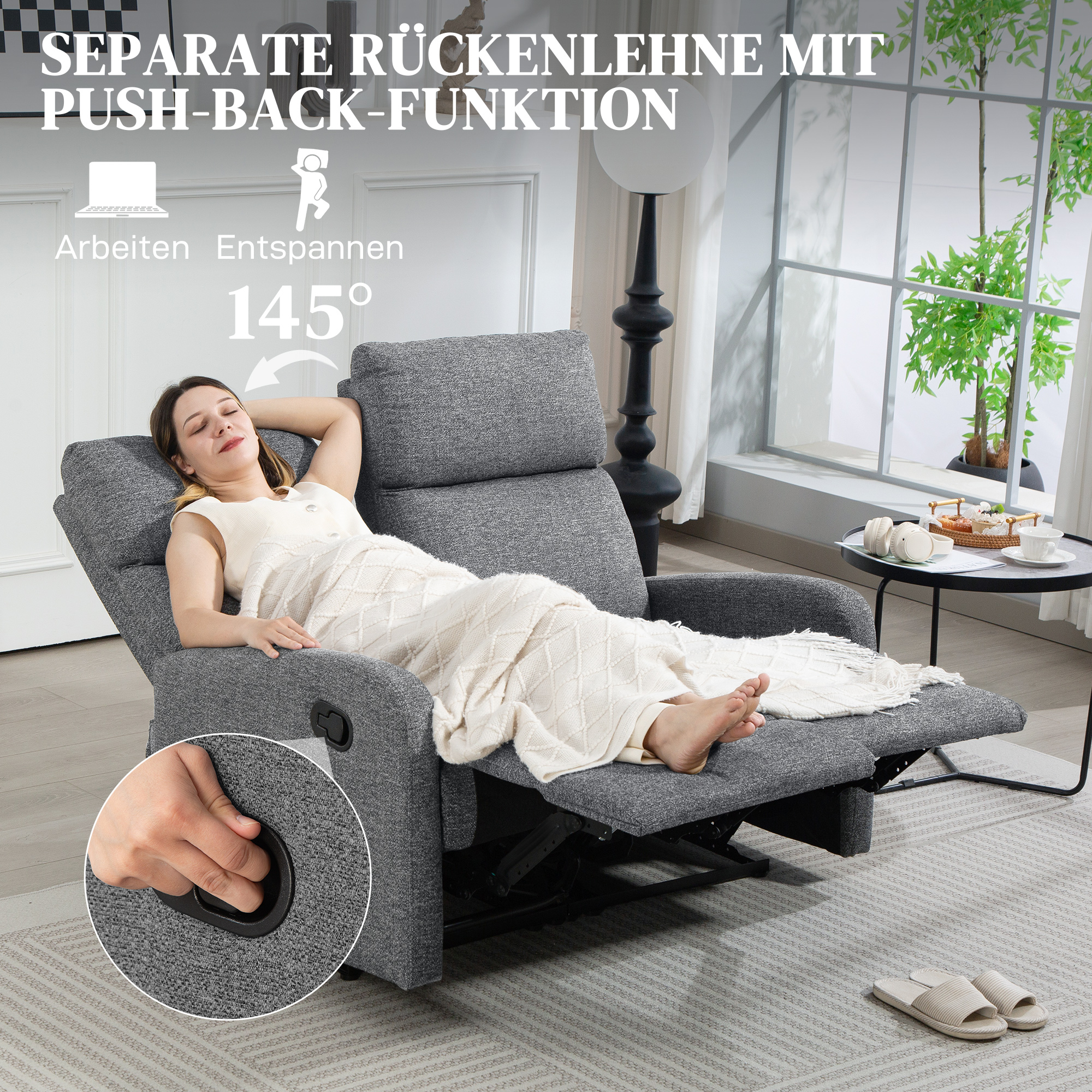 2-Sitzer-Sofa, individuell verstellbare Rückenlehnen, Fußstütze, Stoffbezug, Stahl, Grau
