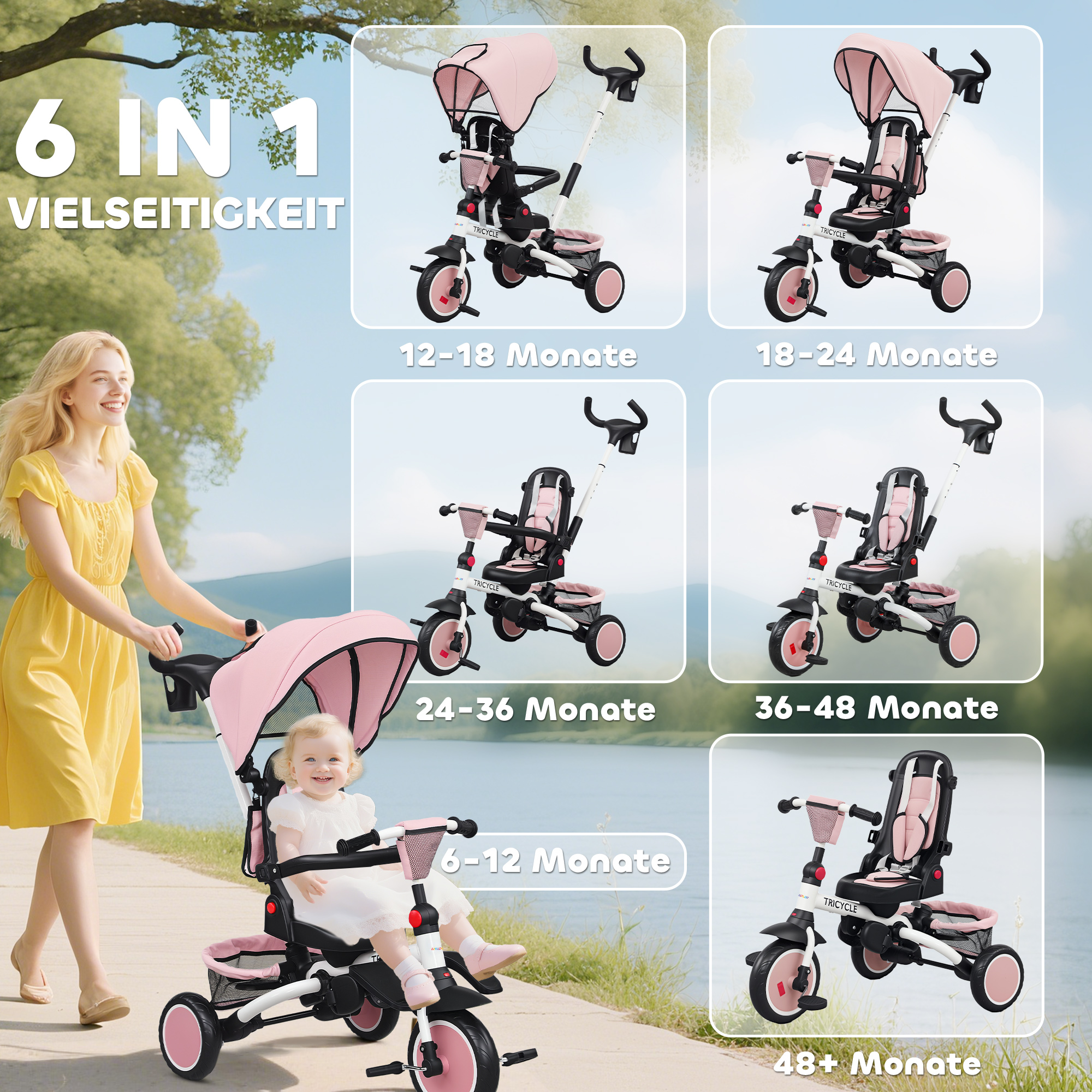 Kinderdreirad, 6-in-1 Buggy für Kleinkinder, mit Schiebegriff, verstellbarer Sitz, faltbares Design, Sicherheitsnetz