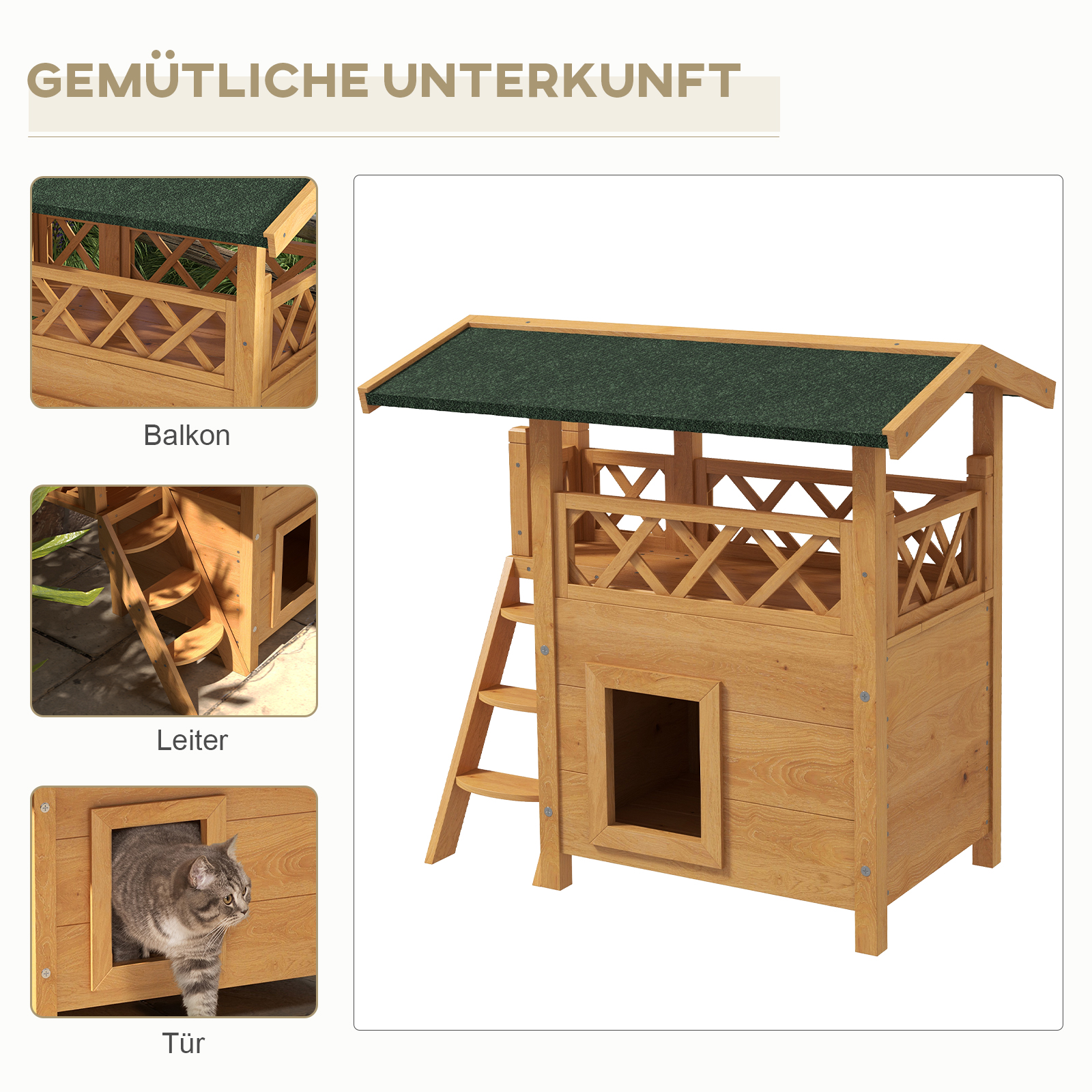 Katzenhaus Katzenhütte Haustierhütte, Asphaltdach, 2 Ebenen, 1 Leiter, Natur + Grün