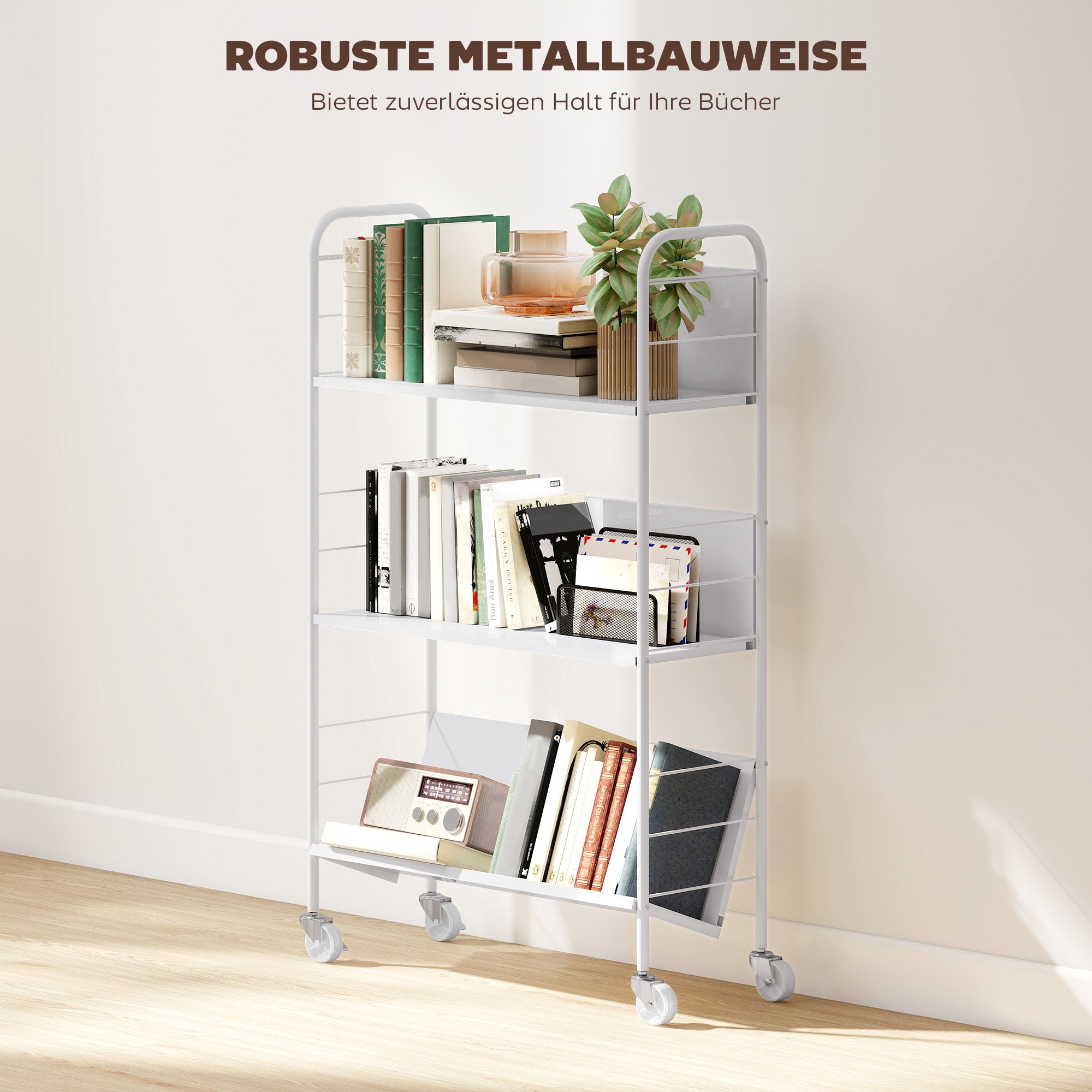 Bücherregal Aufbewahrungsregal mit 3 Ebenen, Rädern, Spielzeugregal für Schlafzimmer, 69 x 26 x 108 cm, Weiß