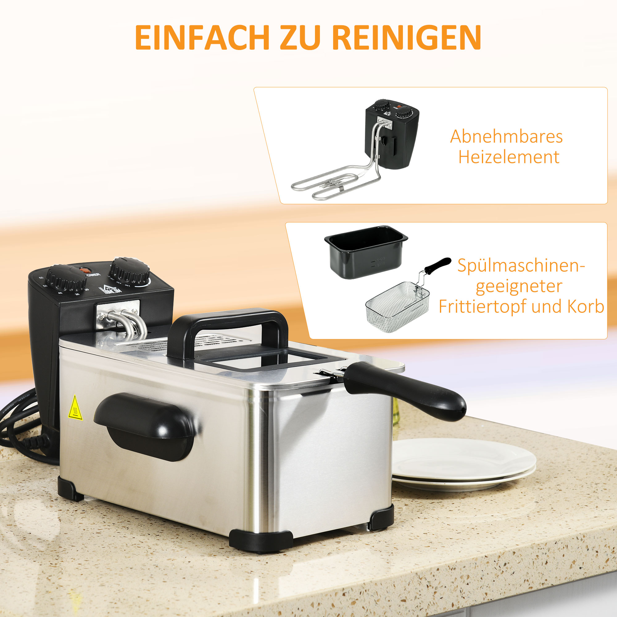 Fritteuse, 3 Liter, 2,000W Leistung, Klarsichtdeckel, kühler Griff, Schwarz