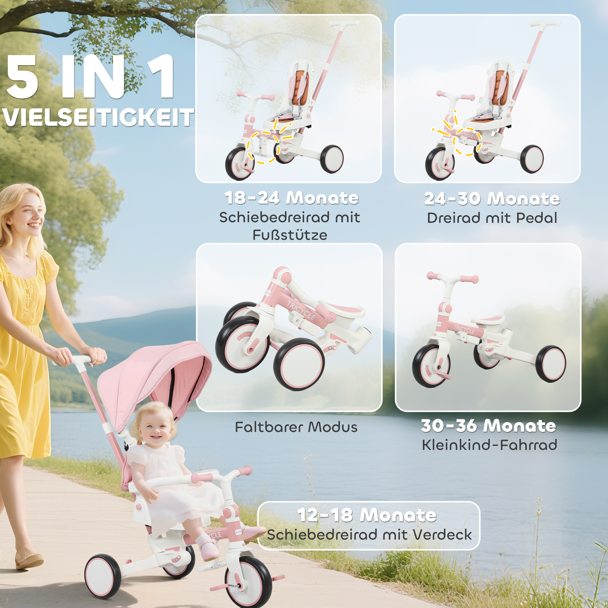 Kinder-Dreirad, wandelbarer Baby-Buggy, 5-in-1 Design, abnehmbarer Schiebegriff, verstellbar, Sicherheitsgurt, Aufbewahrungstasche, 1-3 Jahre, Rosa