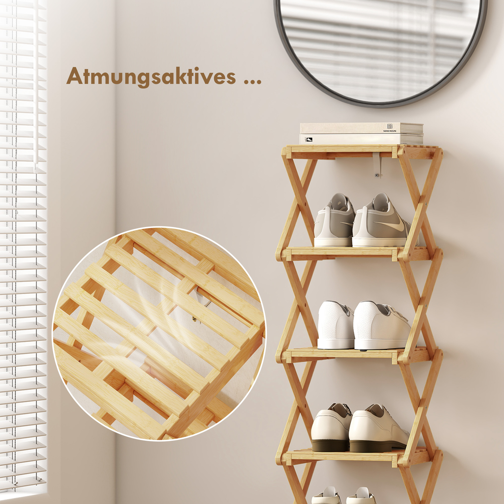 Schuhregal, klappbar Schuhständer mit 6 Ebenen aus Bambus, für max. 9 Paar Schuhe, 30 x 29 x 108 cm, Natur