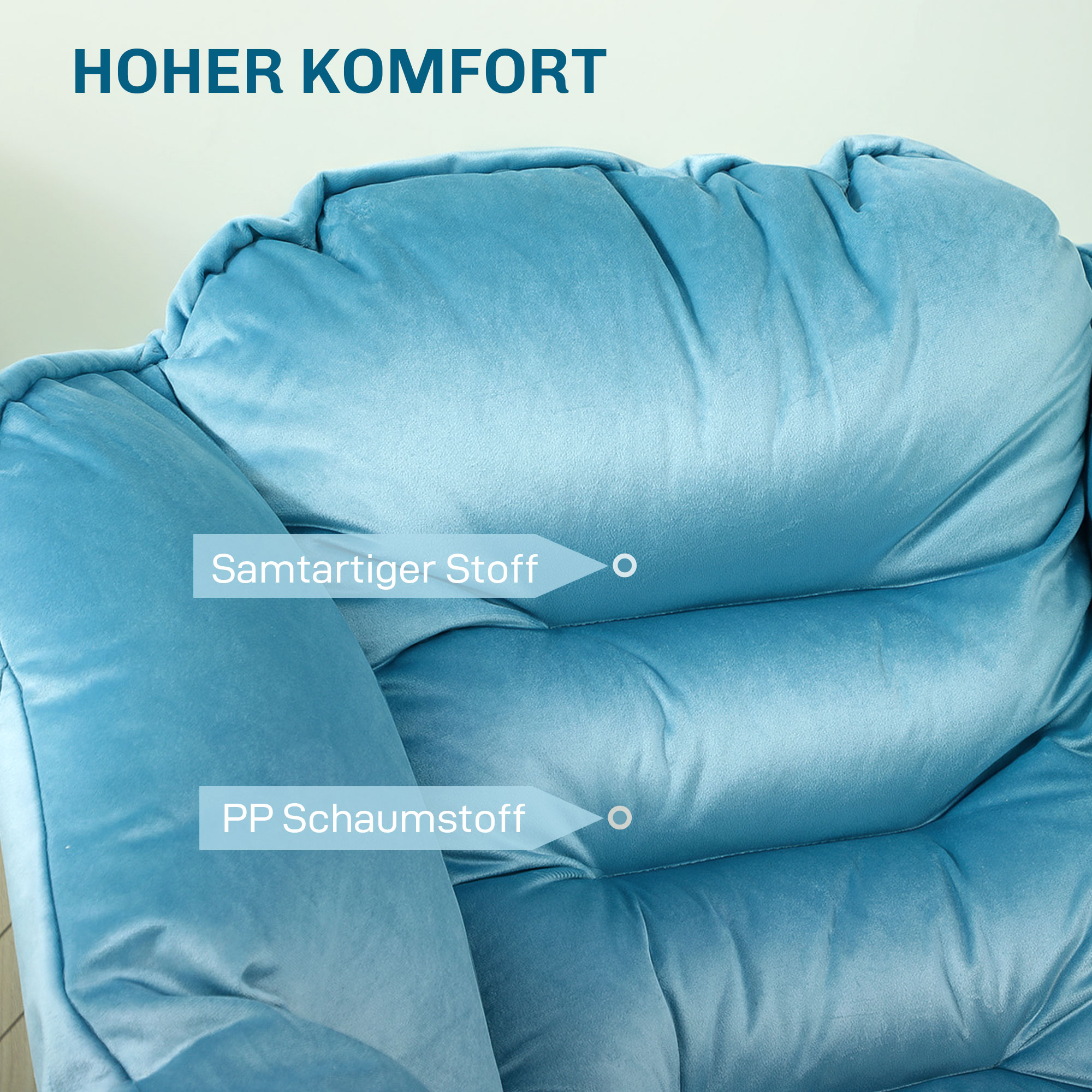 Moderner Akzentstuhl, Polsterstuhl mit Stahlbeinen und Seitentaschen, für Wohnzimmer, Schlafzimmer, Blau