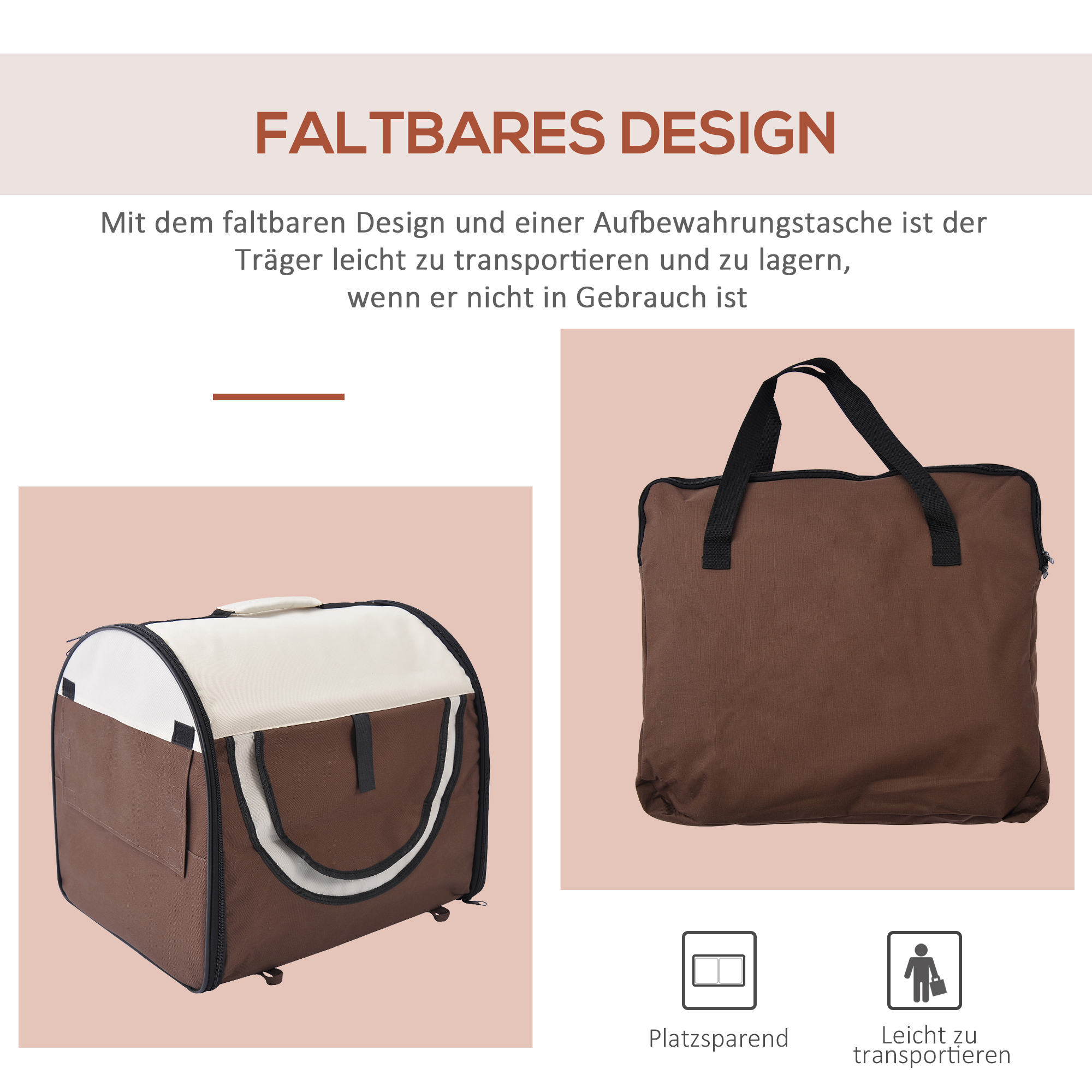 Hundebox faltbare Hundetransportbox Haustierrucksack mit Kissen Reisetasche Transportbox für Tier wasserdicht Oxfordstoff Kaffee 61 x 46 x 51 cm