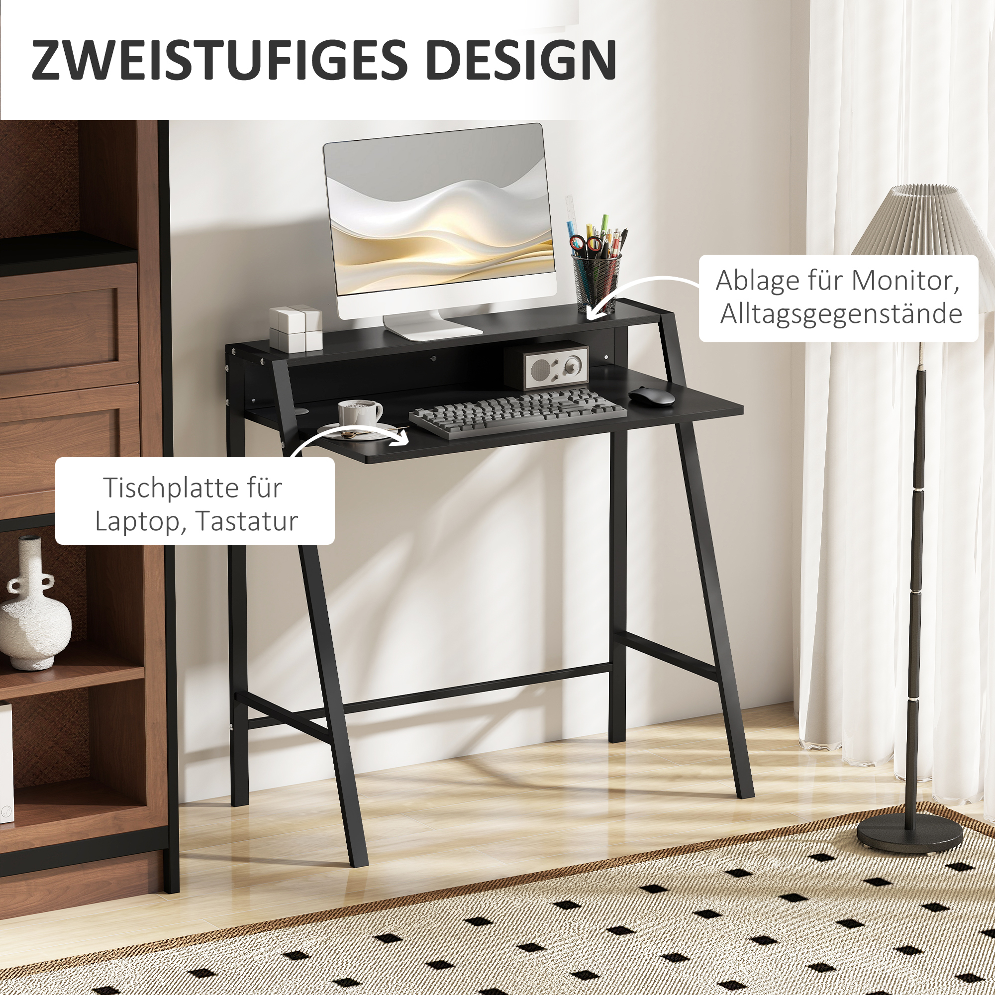 Schreibtisch, Computertisch mit Ablage und Kabel Management, moderner Schreibtisch mit Metallgestell für Arbeitszimmer, Schlafzimmer, Home Office, 84 x 45 x 85 cm, Schwarz