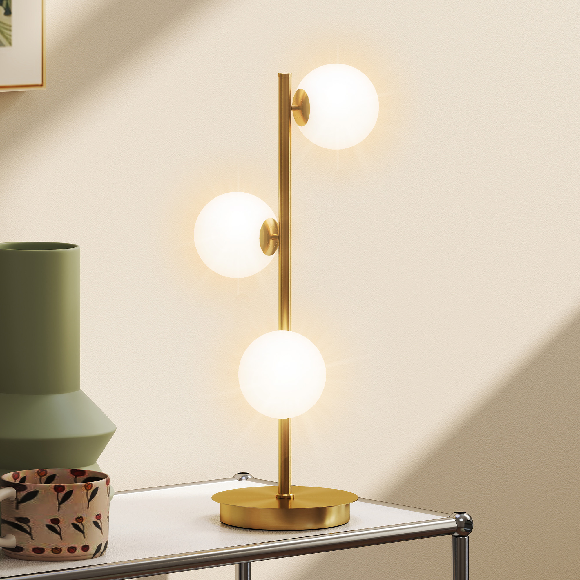 Tischlampe Tischleuchte mit 3 Kugelschirmen, mit stabilem Stahlfuß, G9-Fassungen, 24 x 24 x 53 cm, Messing
