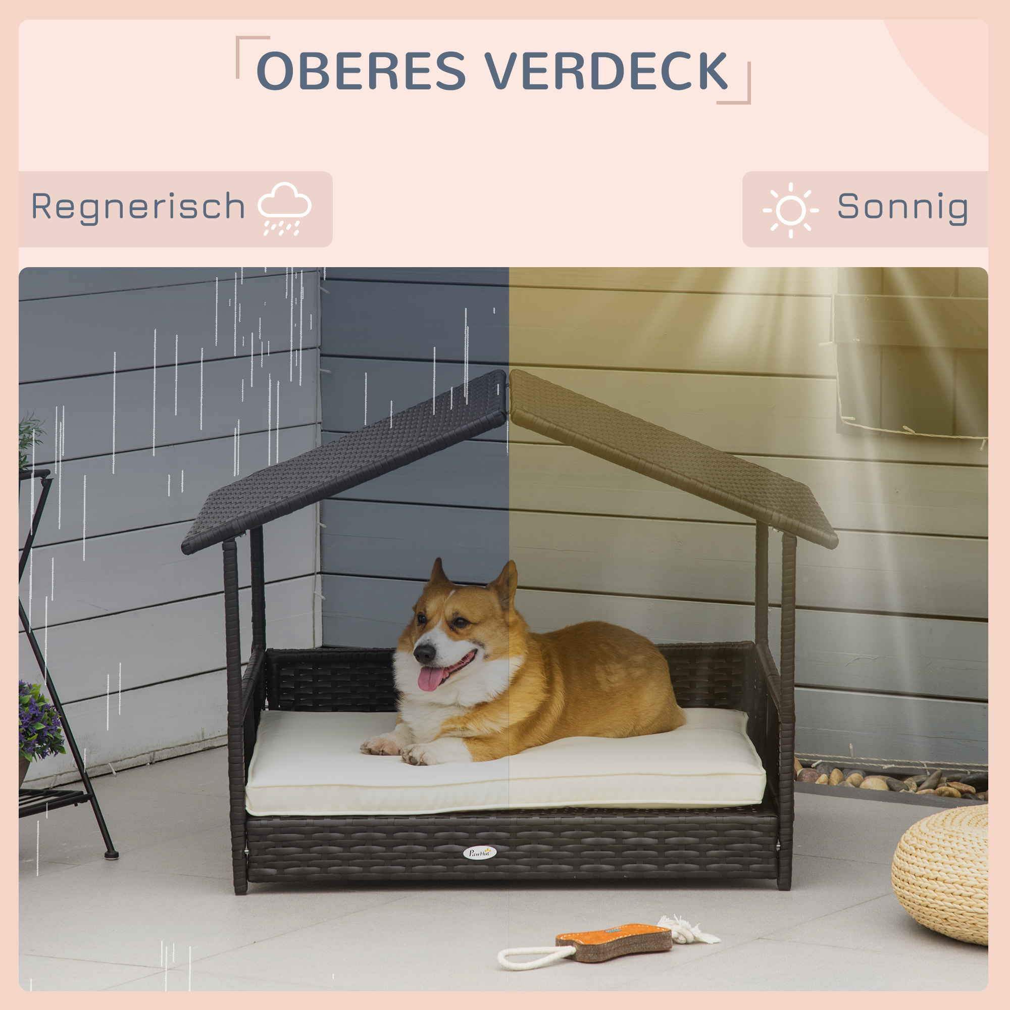 Rattan Hundeliege Outdoor mit Dach, erhöhtes Hundebett für kleine und mittelgroße Hunde, Kühlendes Haustierliege mit Metallrahmen, Kissen für Draußen, 69 x 98 x 70 cm, Kaffee-Braun