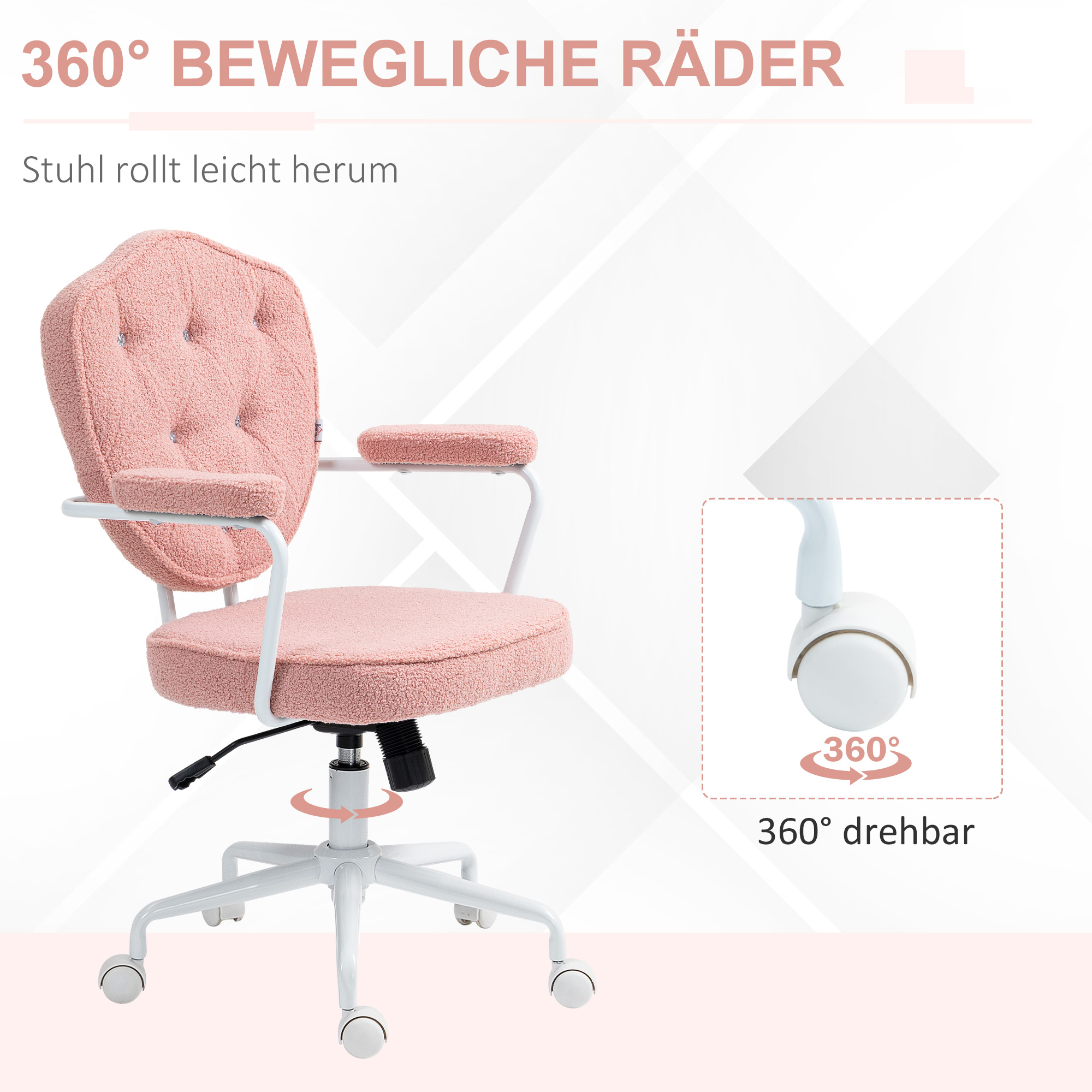 Schöner Bürostuhl mit geknöpftem, weichem Bezug, höhenverstellbar, Rosa