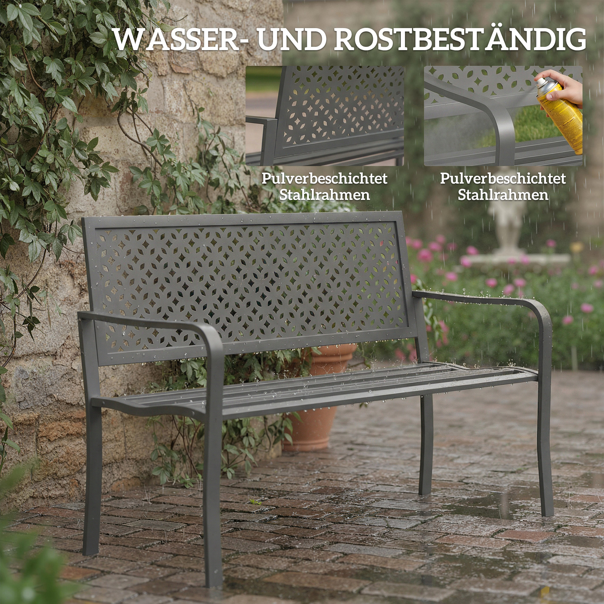 Gartenbank 2-Sitzer Metall wetterfest Outdoor Sitzbank mit rostbeständiger Rückenlehne, Geometrisch bis 240 kg