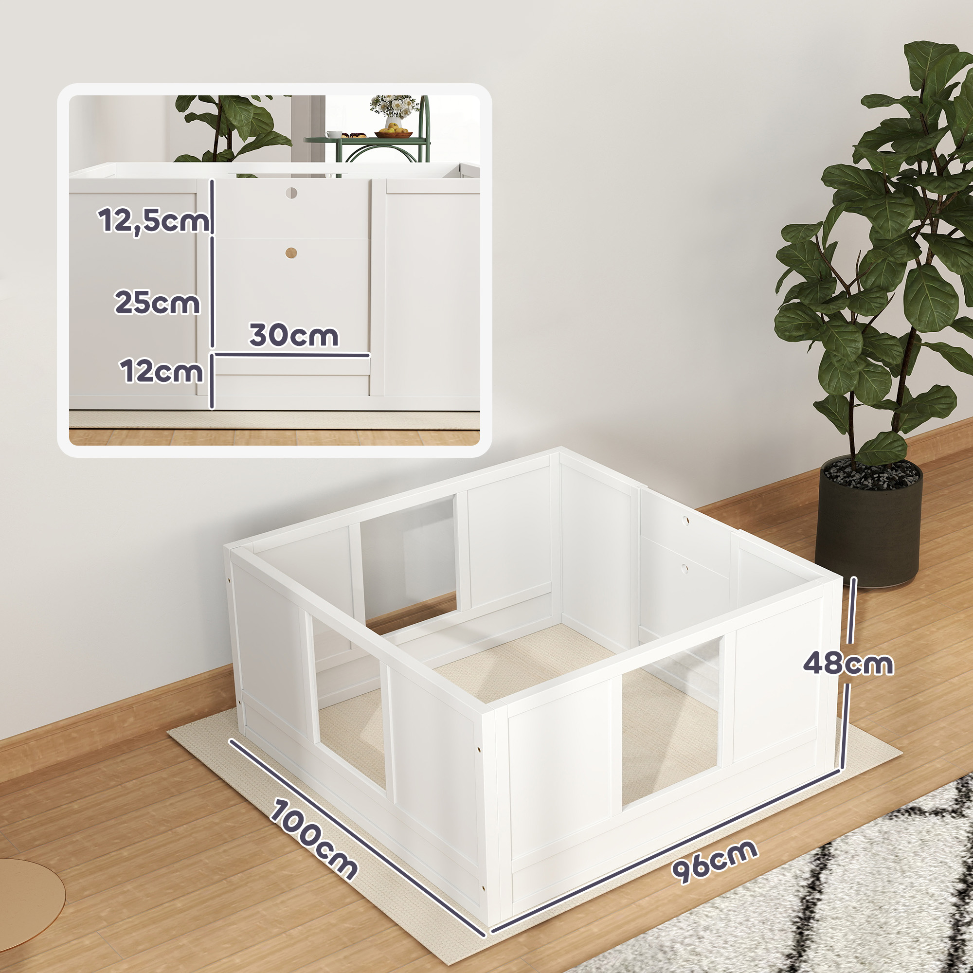 Welpenbox für kleine und mittelgroße Hunde, Hunde-Wurfbox mit anpassbarem Eingang, rutschfesten Fußpads, Weiß