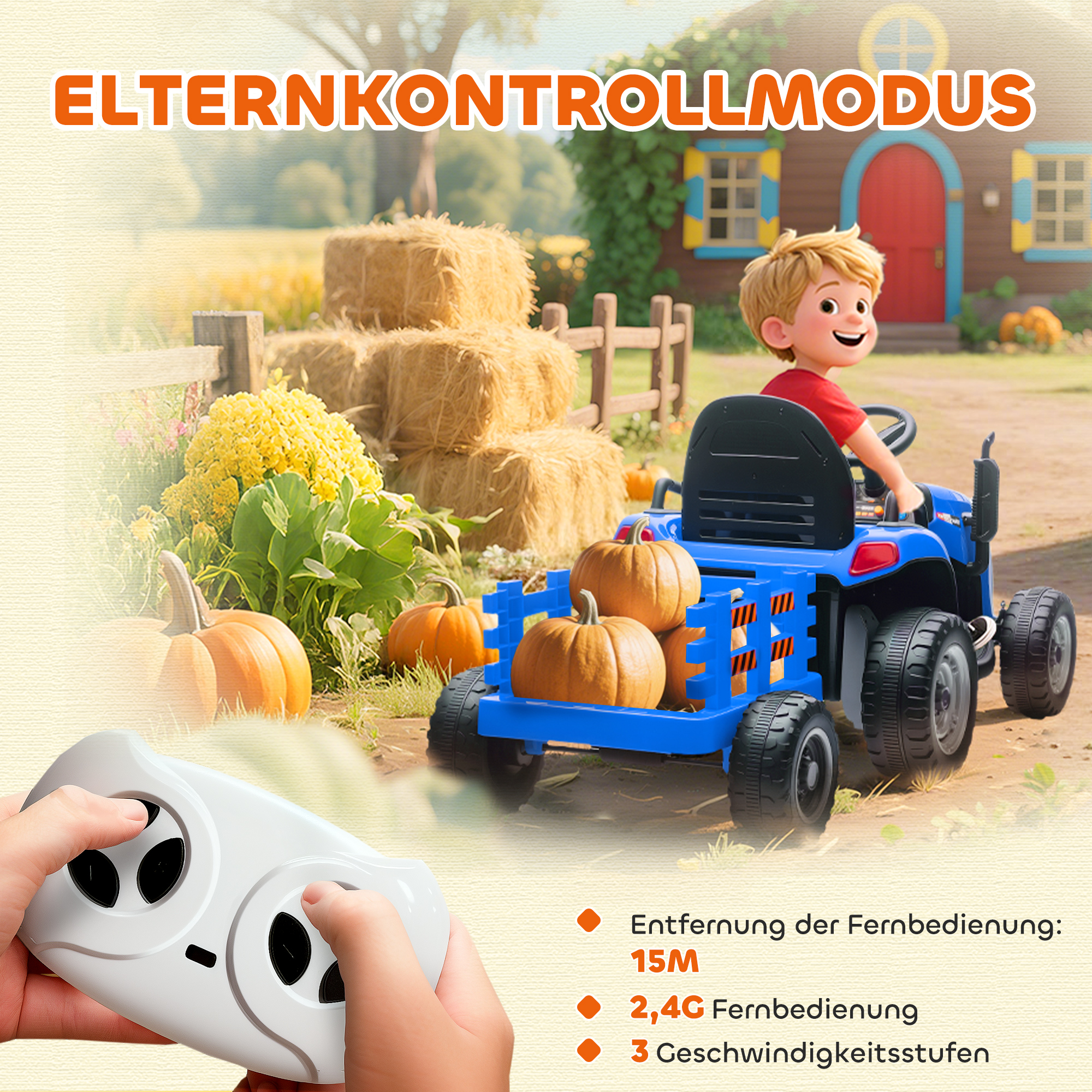 Elektrischer Kindertraktor, Aufsitz-Traktor mit Fernbedienung, Soft-Start, für Kinder im Alter von 3-8 Jahren, Blau