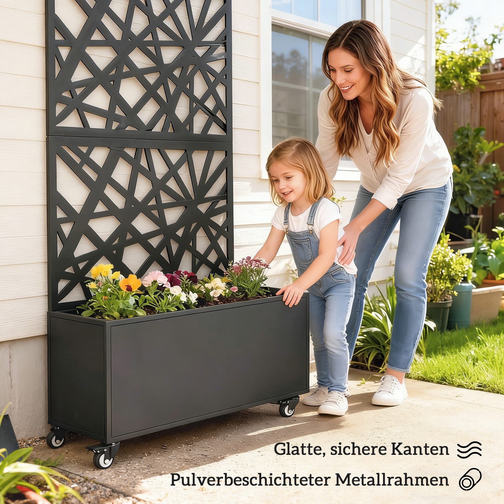 Blumenkasten mit Sichtschutz Pflanzkasten mit Rolle Rankgitter 90 x 30 x 160 cm Metall Schwarz