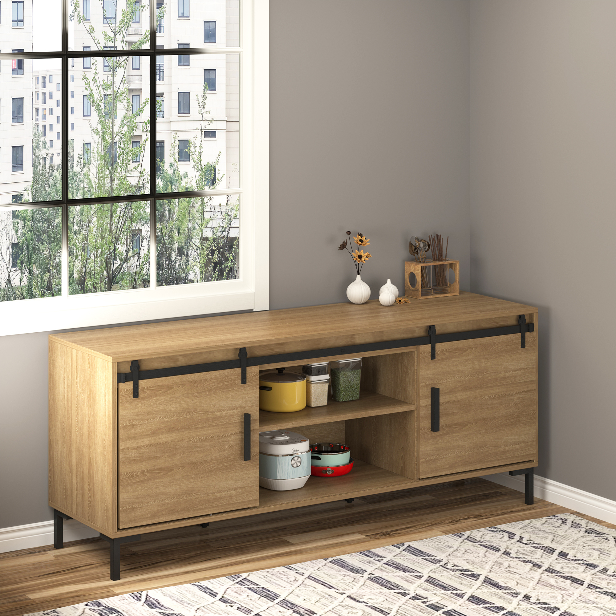 183 cm Schiebetür Komplettset Schiebetürsystem mit Bodenführung, Schiebetür Laufschiene, Laufrollen Schiebetürbeschlag aus Kohlenstoffstahl für Doppelschiebetür