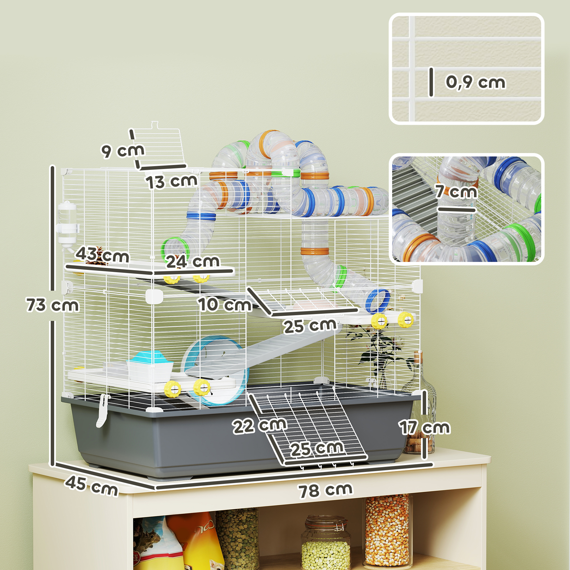 Zwerghamsterkäfig, 4 Ebenen, Tunnelsystem, Hütte, Zubehör, obere Öffnung, 78 x 45 x 73 cm, Grau