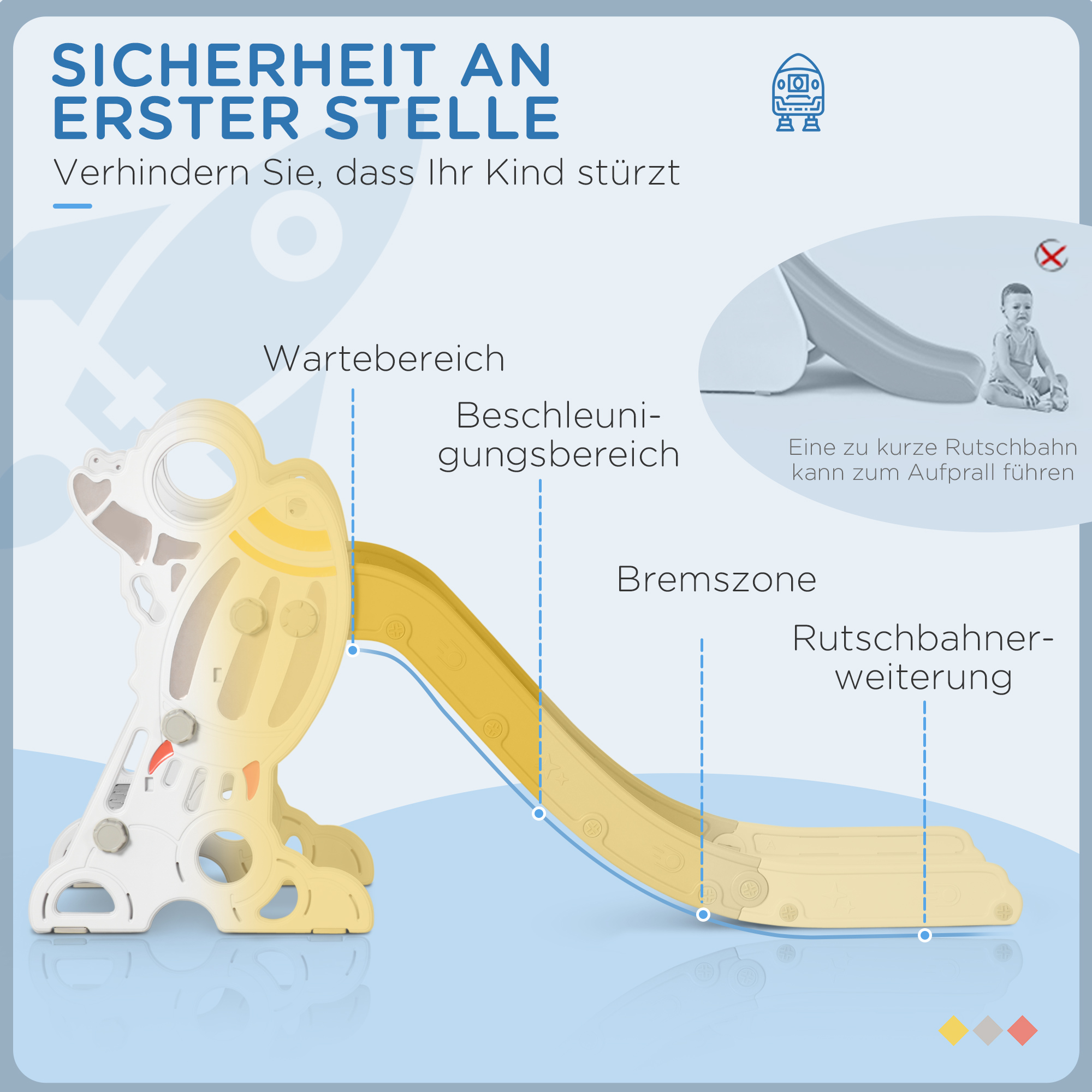 Rutsche für Kinder 1,5 bis 3 Jahre, Raketen-Design, Sticker-Set, grau, 157 x 46,5 x 80 cm