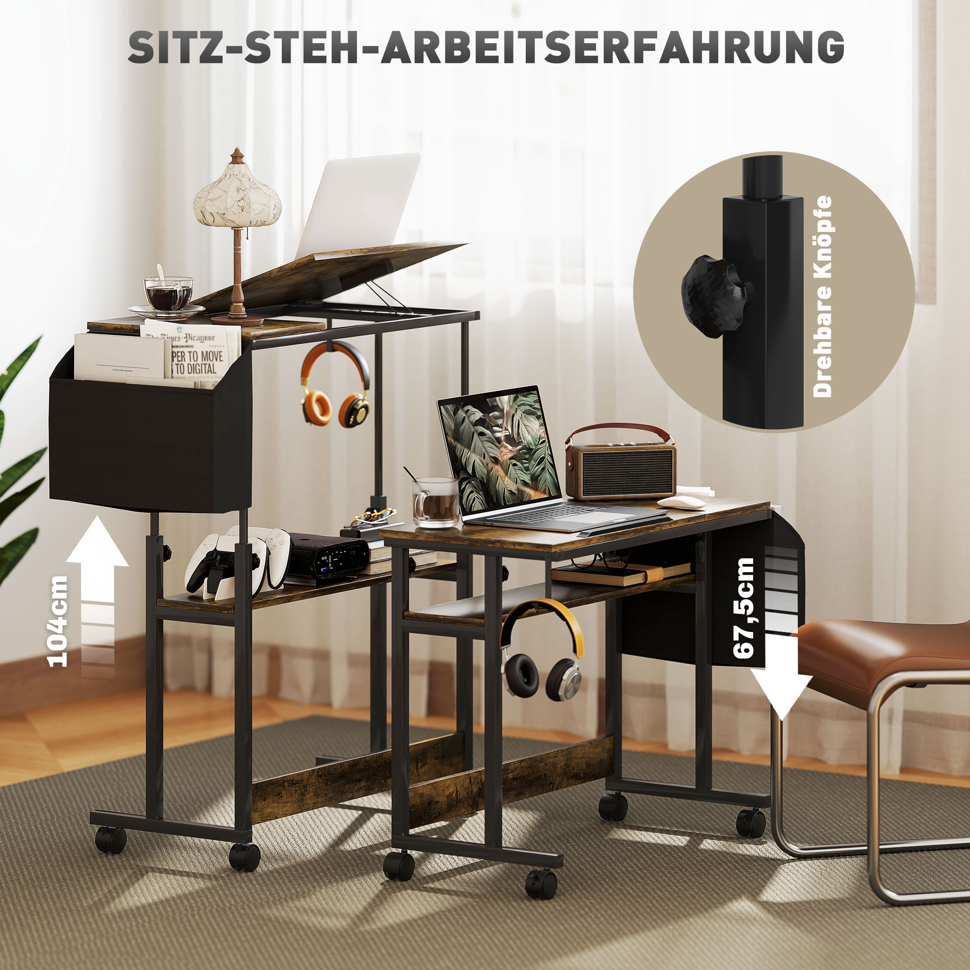 Höhenverstellbares Stehpult mit neigbarer Tischplatte, Rädern, Aufbewahrungsregal, zum Schreiben, Lesen, Zeichnen, Braun