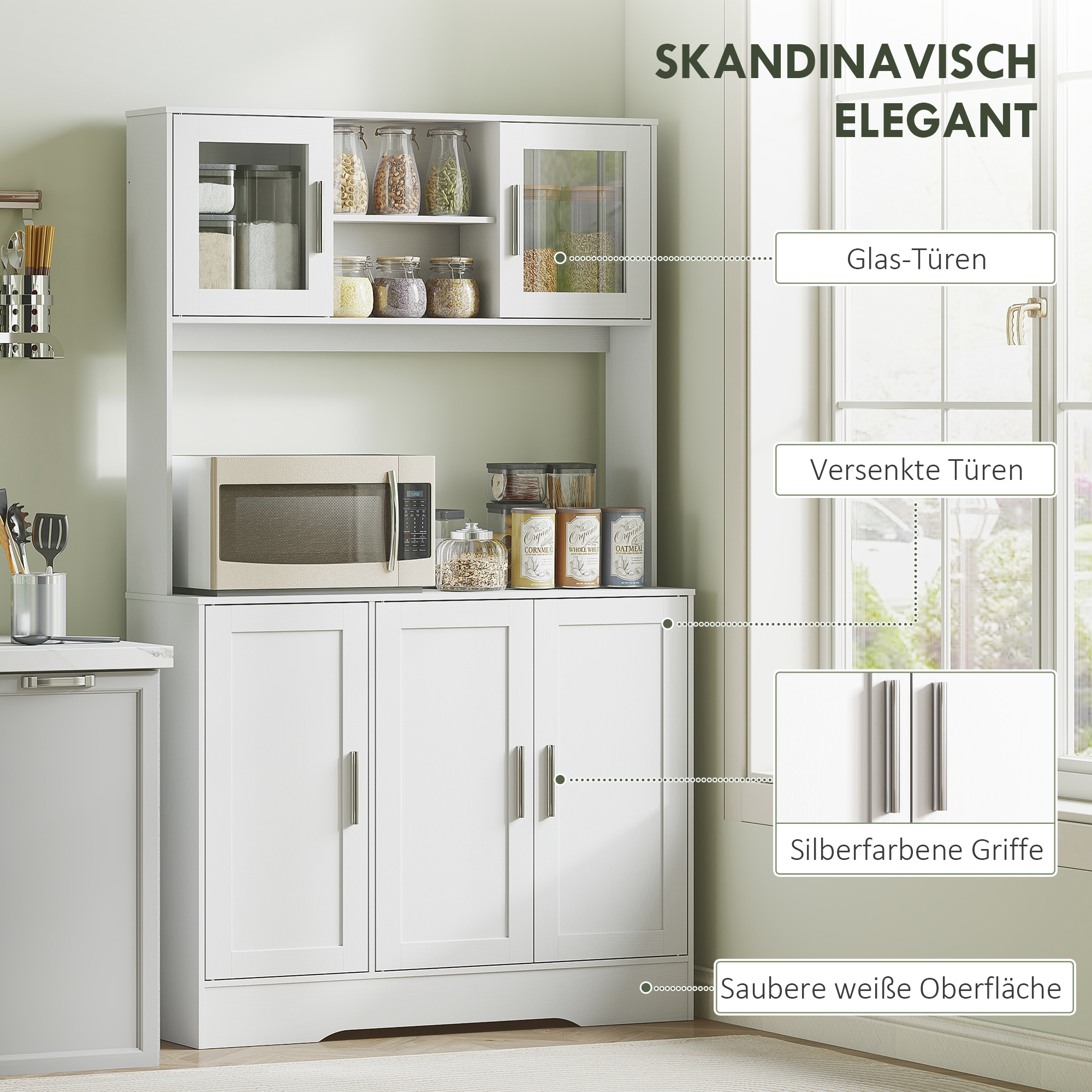 Küchenschrank, Skandinavisches Design, 4 Schränke, verstellbare Regale, Glastüren, offene Fläche, Spanplatte, MDF, Weiß