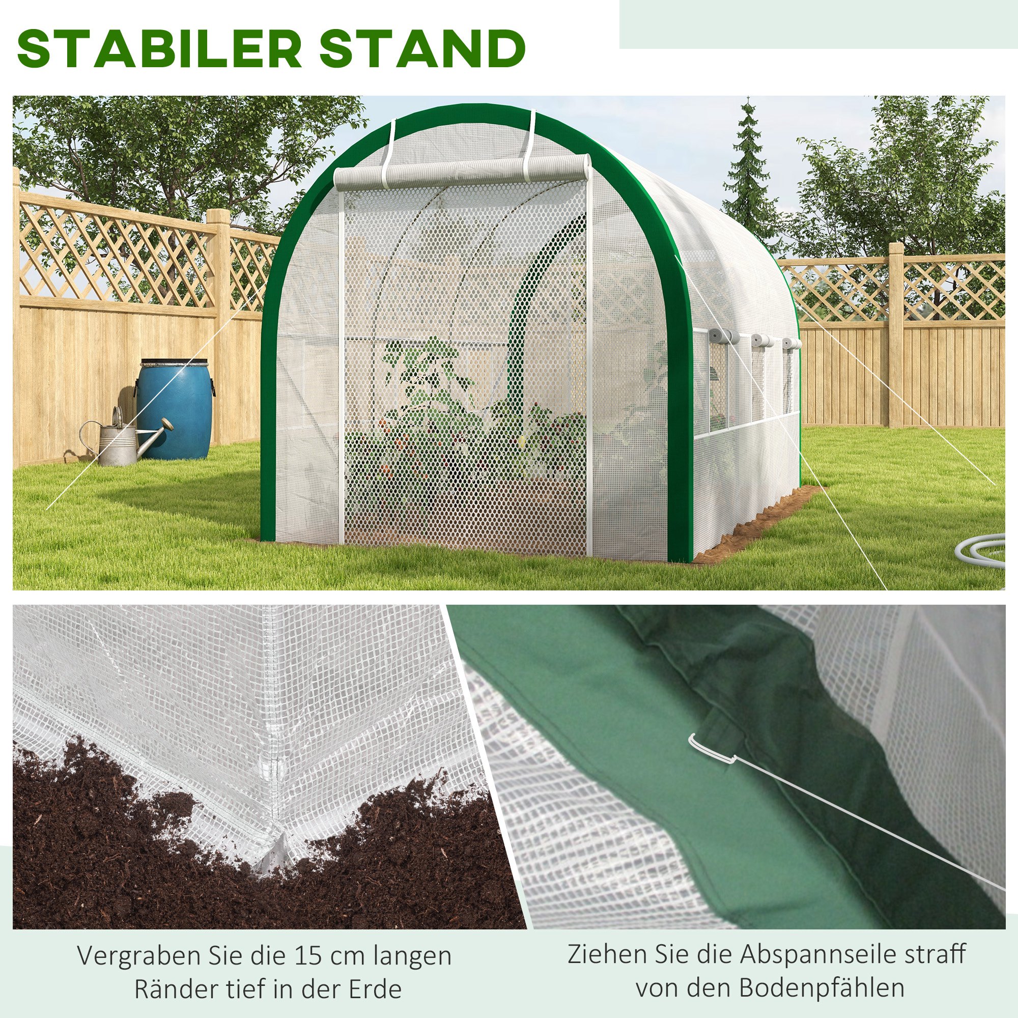 Tunnel-Gewächshaus, Treibhaus, Reißverschlusstüren, Netzfenster, Metallrahmen, 3,5 x 2 x 2m, Weiß