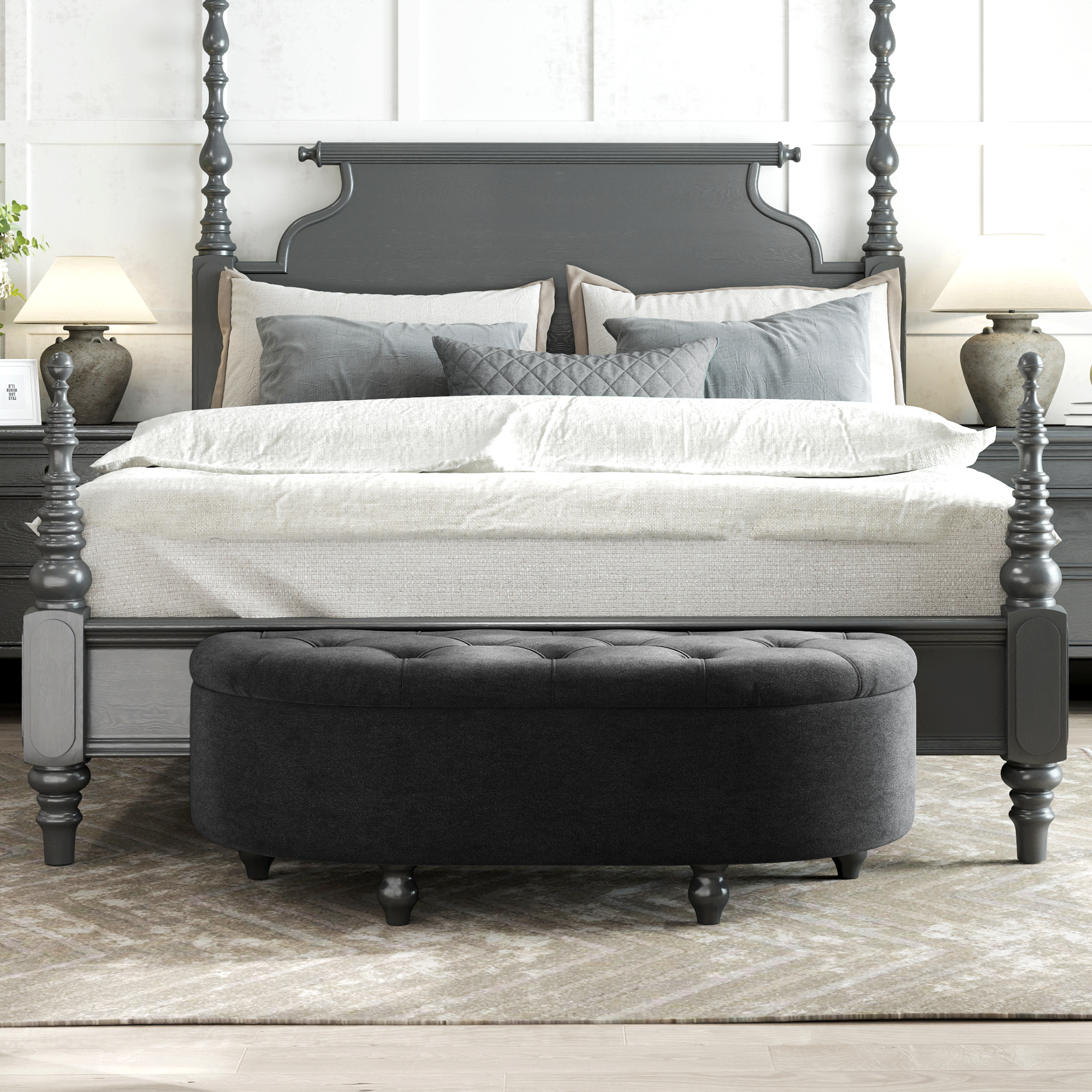 Hocker mit Stauraum, Sitztruhe, gepolstert, soft-close Deckel, Samtoptik, 120 x 46 x 42 cm, Dunkelgrau